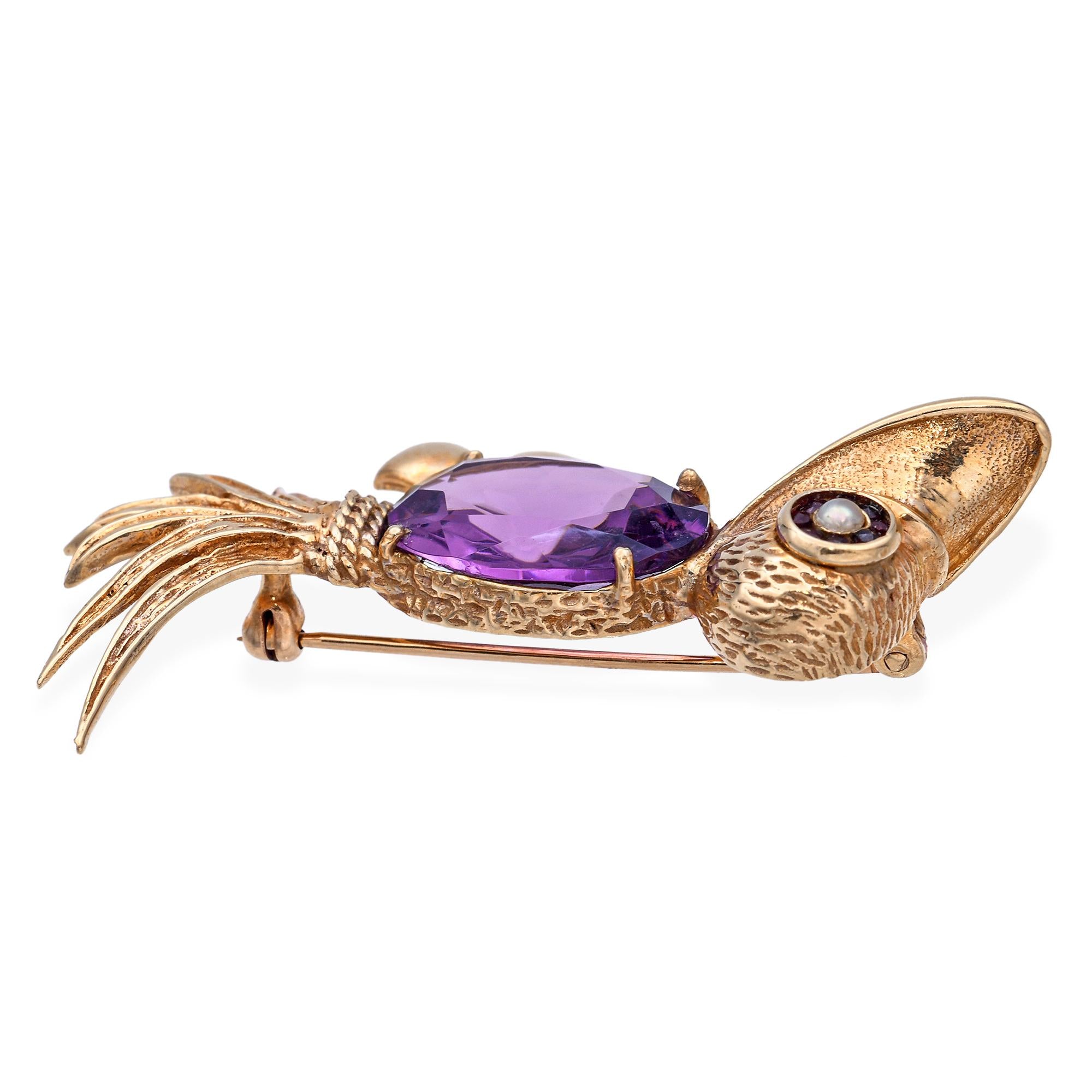 Vintage 14k Yellow Gold Amethyst Pearl and Garnet Bird Brooch Pin