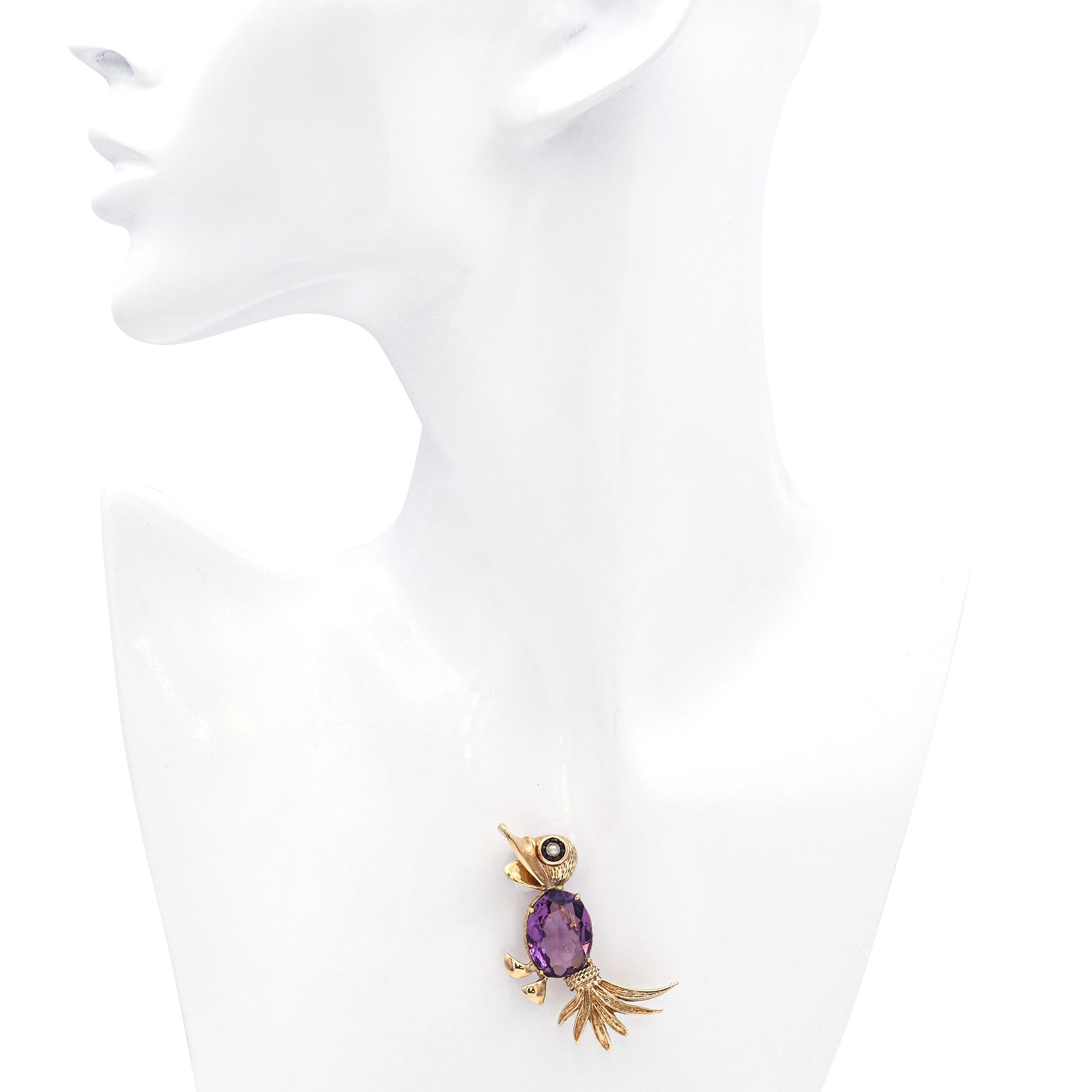 Vintage 14k Yellow Gold Amethyst Pearl and Garnet Bird Brooch Pin