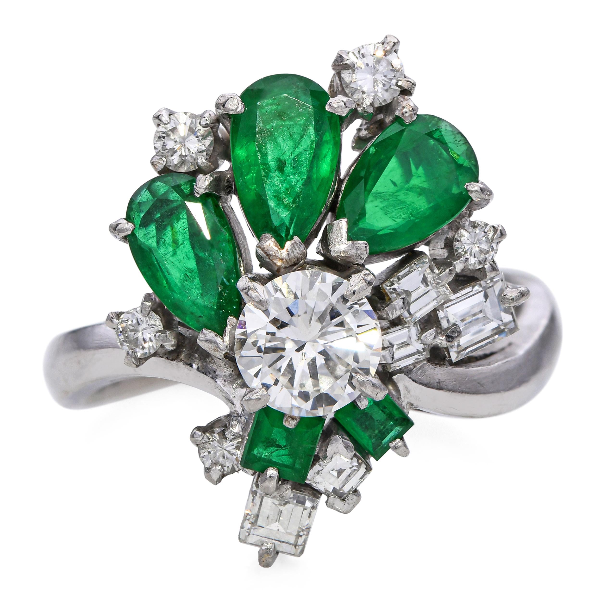 Vintage Platinum Diamond and 1.3tcw Emerald Cluster Ring