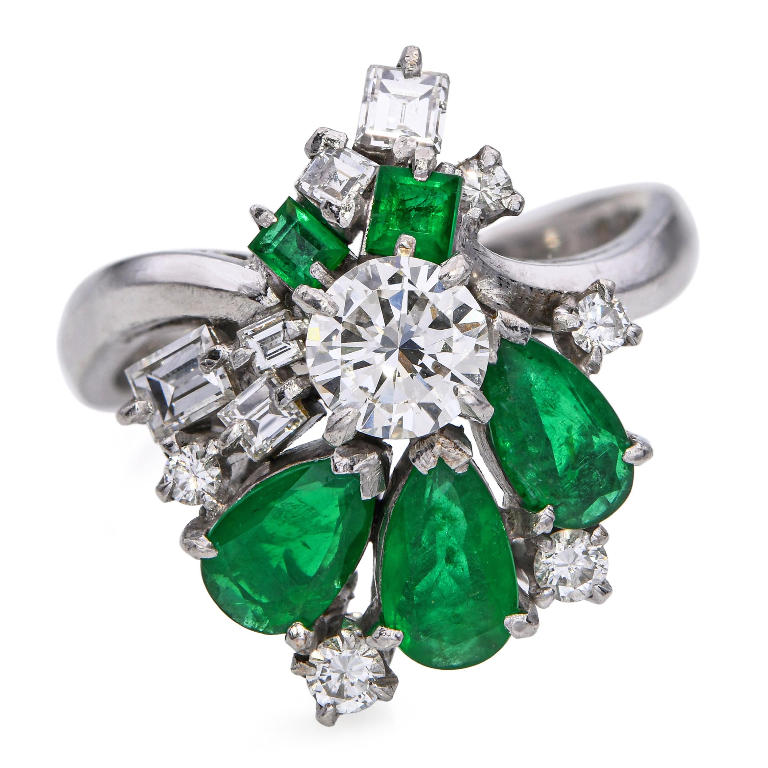 Vintage Platinum Diamond and 1.3tcw Emerald Cluster Ring