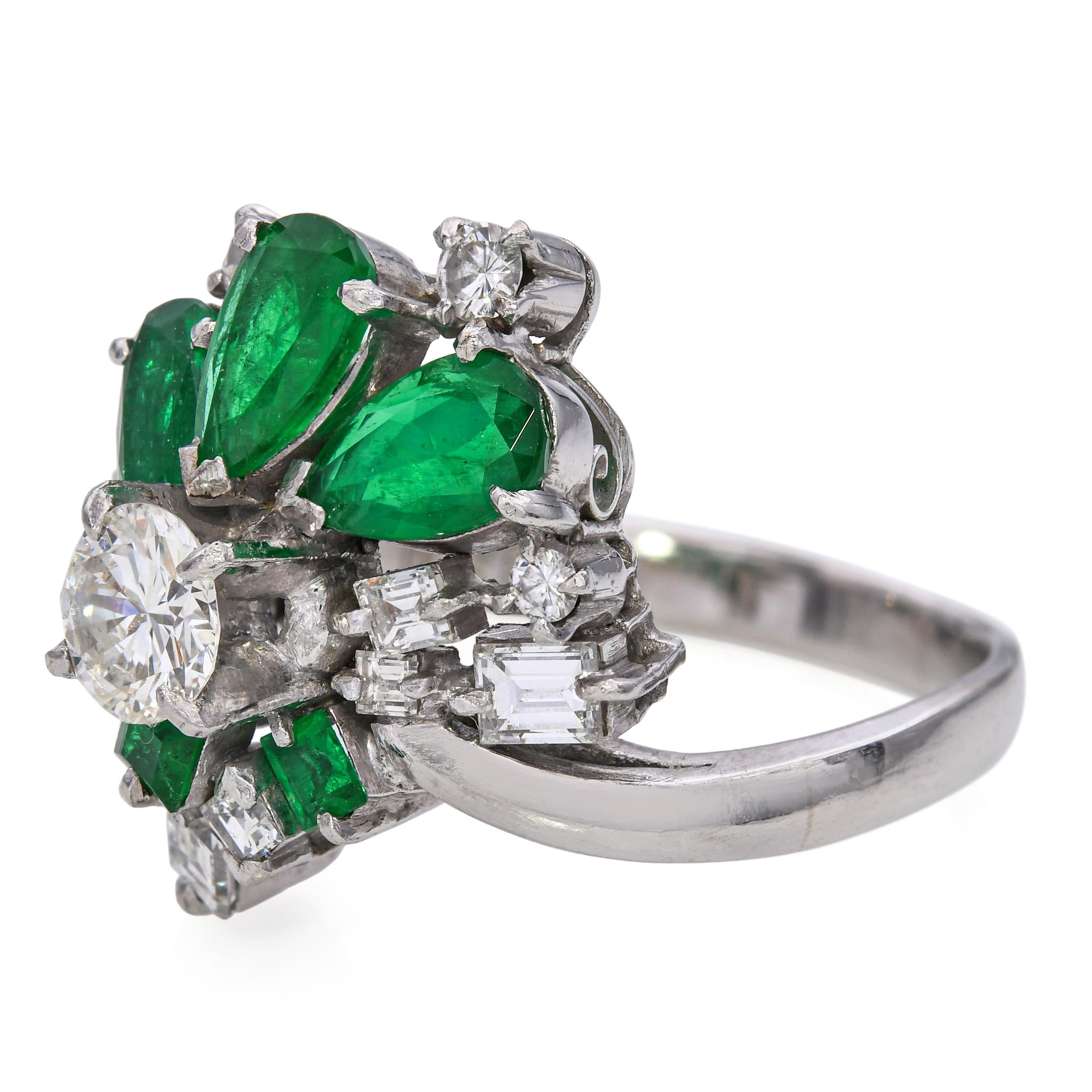 Vintage Platinum Diamond and 1.3tcw Emerald Cluster Ring