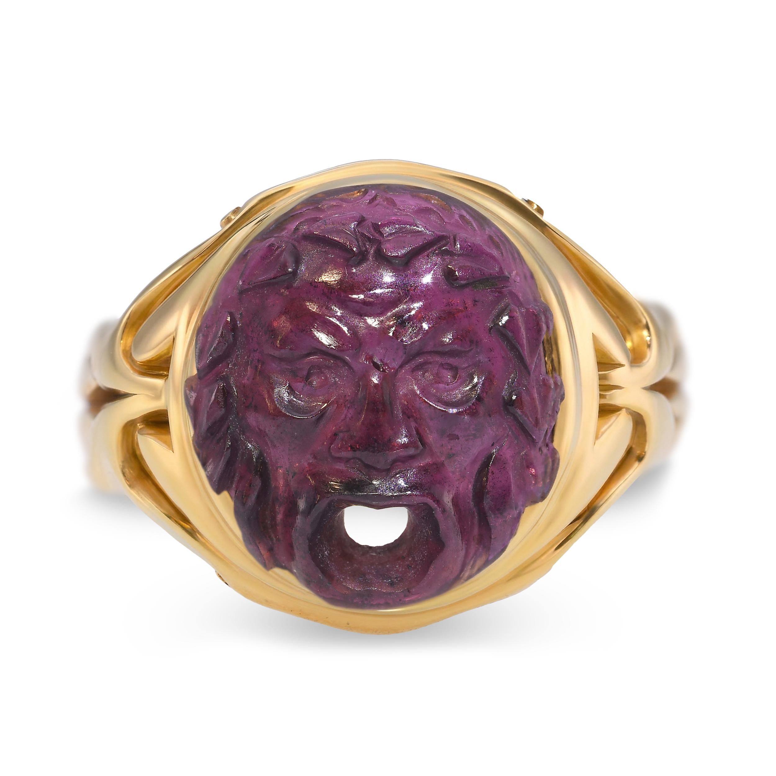 Victorian 18k Yellow Gold "Bocca della Verità" Carved Rhodolite Garnet Ring