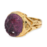 Victorian 18k Yellow Gold "Bocca della Verità" Carved Rhodolite Garnet Ring