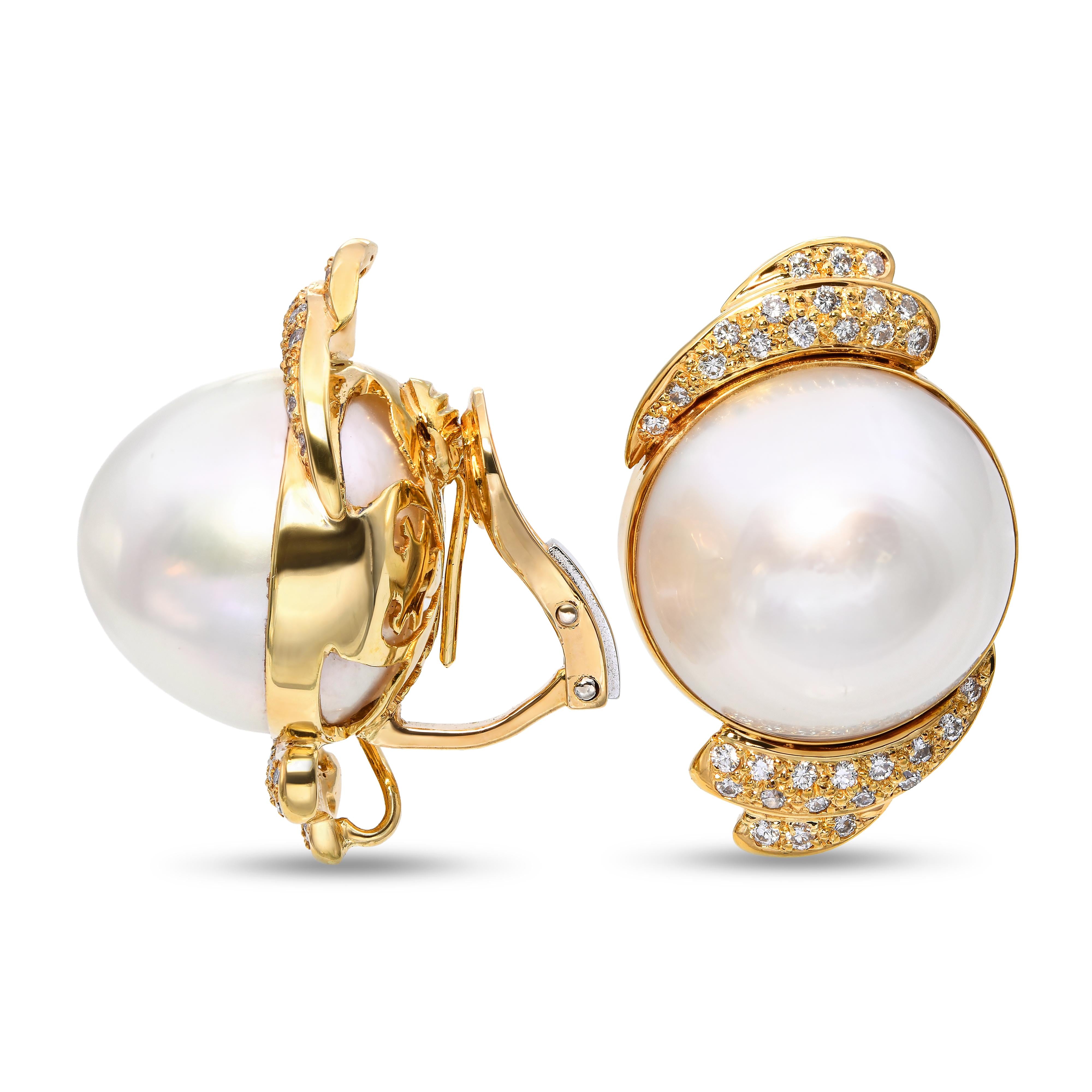 Vintage 18k Yellow Gold South Sea Pearl and Diamond Earrings