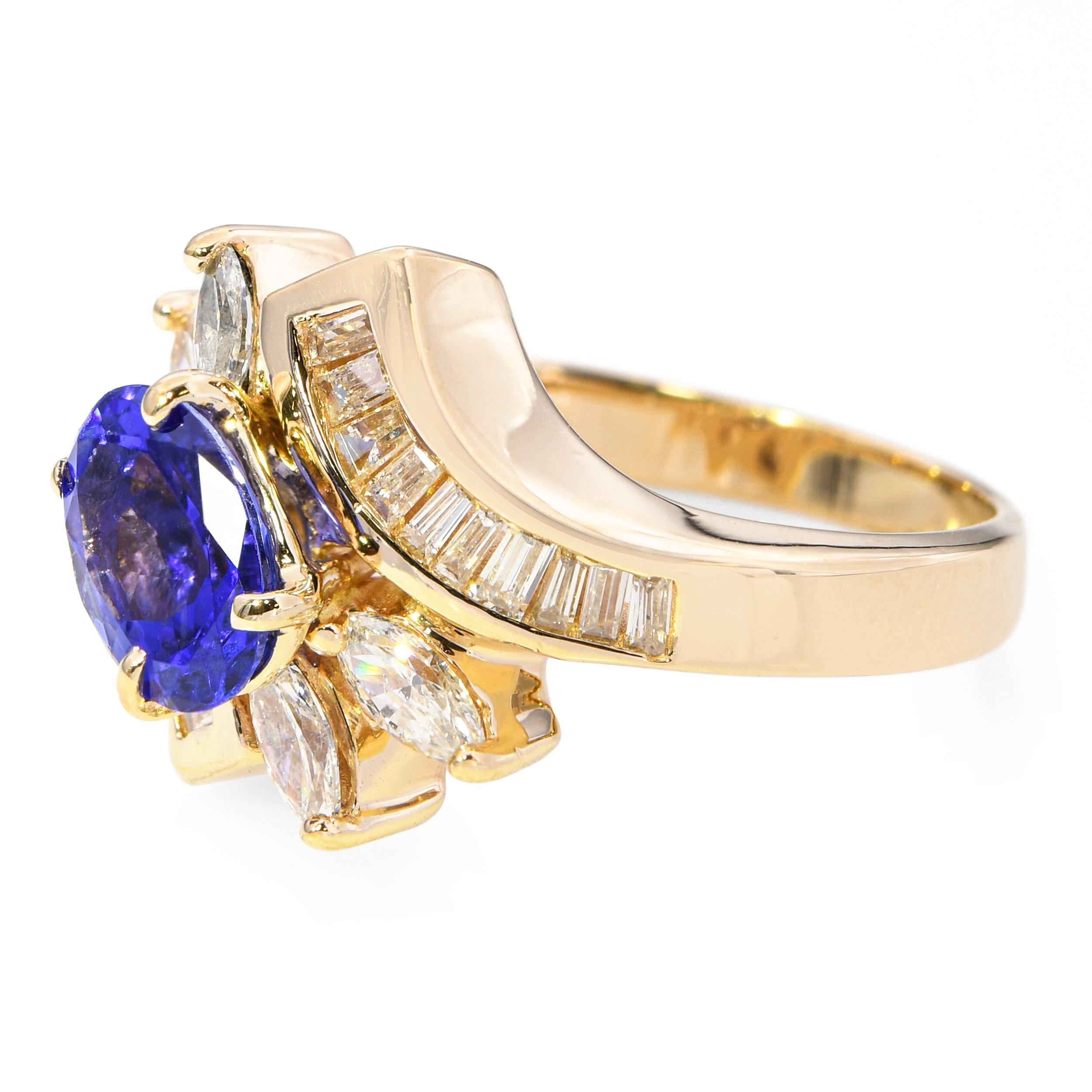 Vintage 14k Yellow Gold 1.25ct Tanzanite and Diamond Statement Ring
