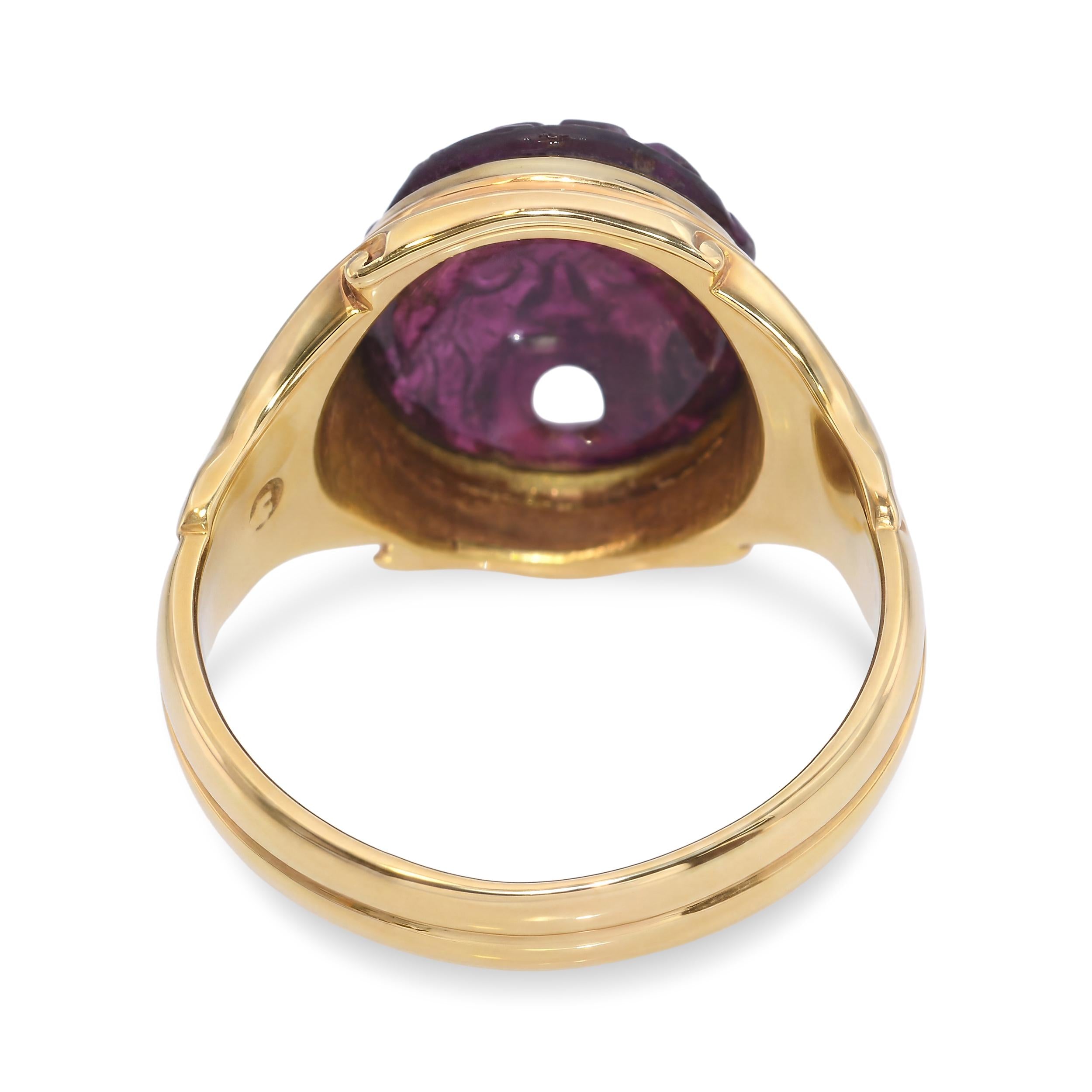 Victorian 18k Yellow Gold "Bocca della Verità" Carved Rhodolite Garnet Ring