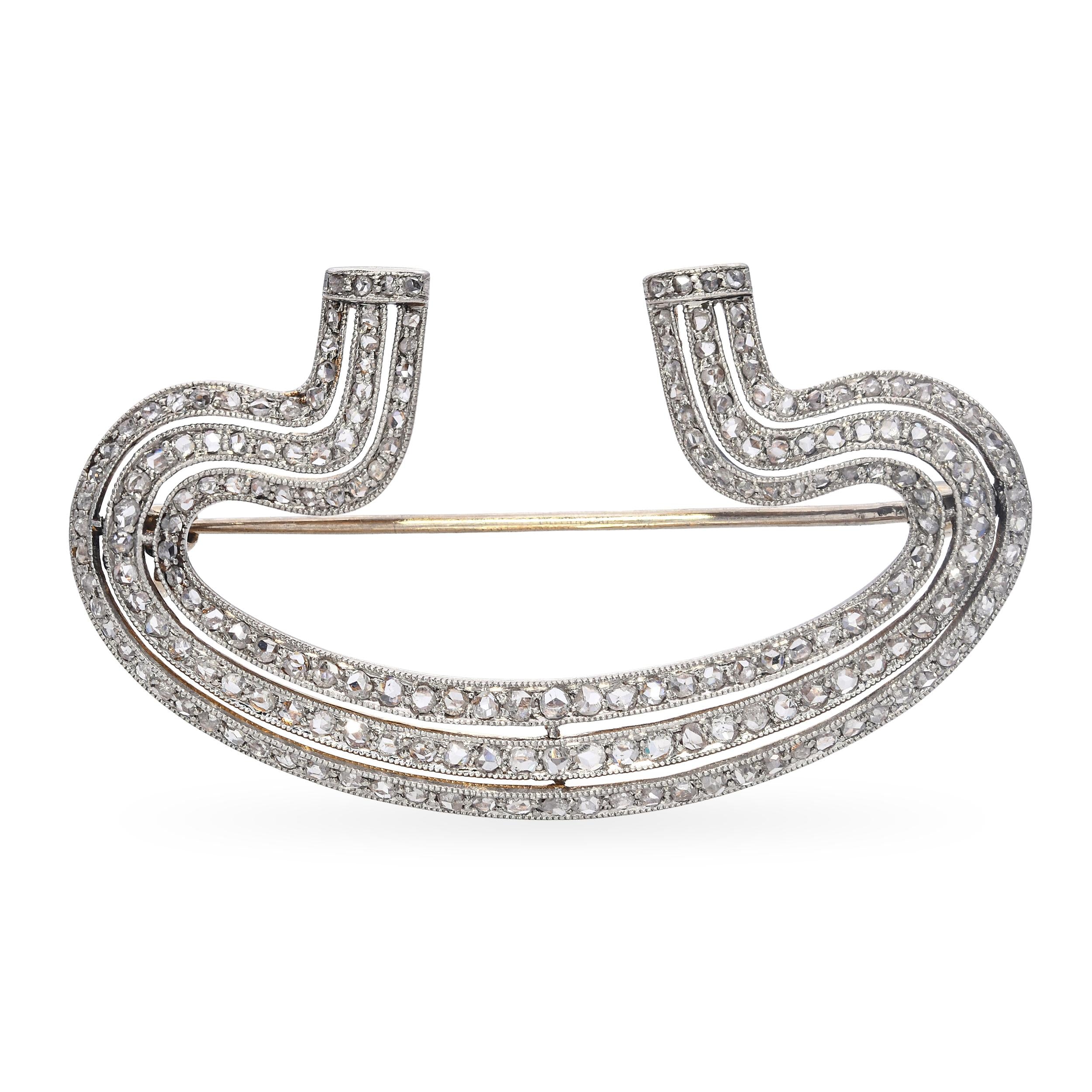 Antique Edwardian 17k Yellow Gold and Platinum Rose Cut Diamond Brooch