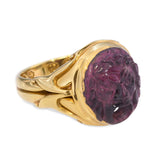 Victorian 18k Yellow Gold "Bocca della Verità" Carved Rhodolite Garnet Ring