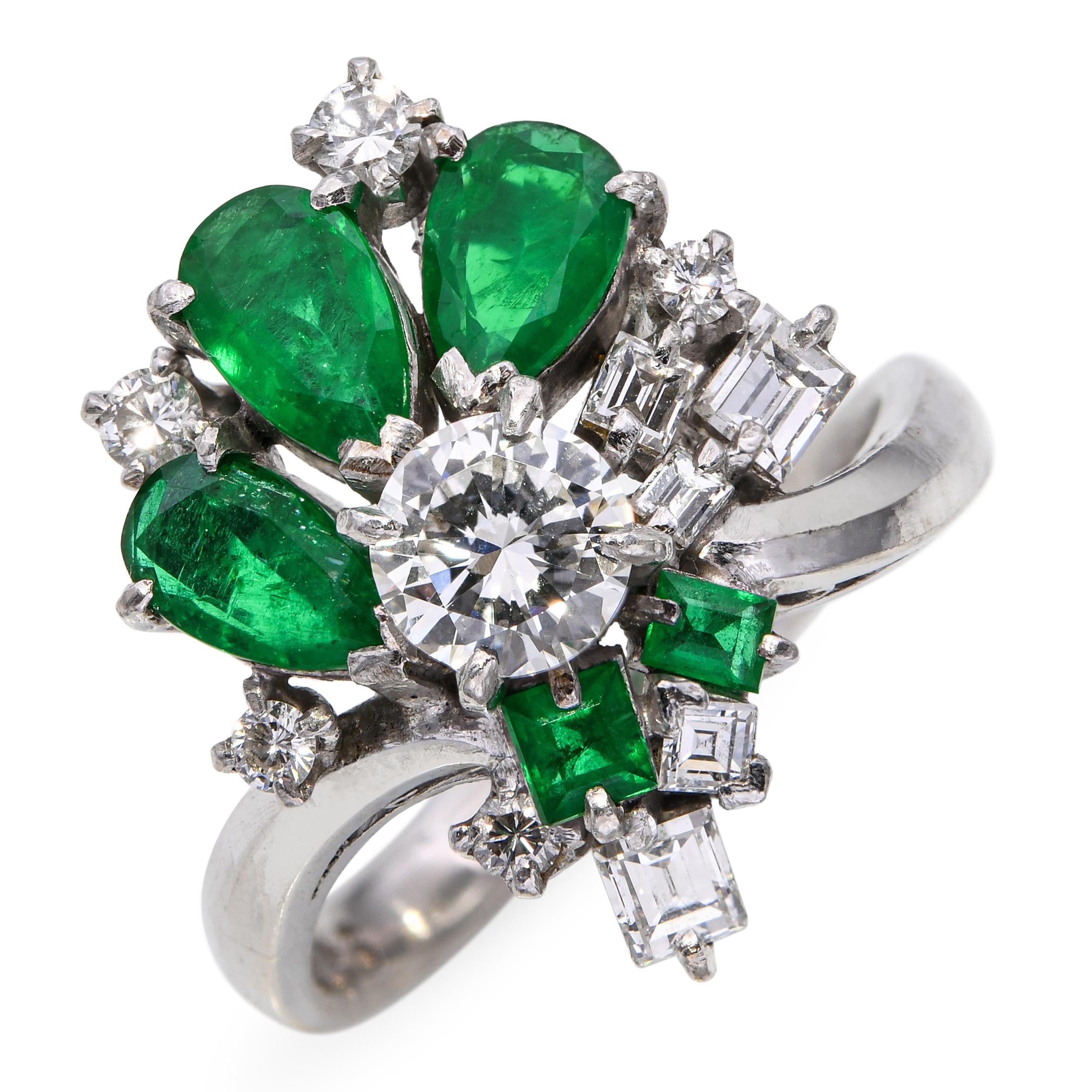Vintage Platinum Diamond and 1.3tcw Emerald Cluster Ring