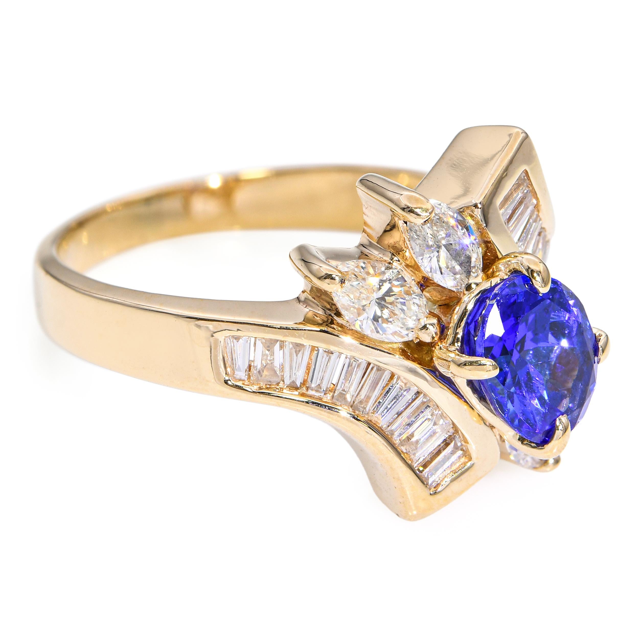 Vintage 14k Yellow Gold 1.25ct Tanzanite and Diamond Statement Ring