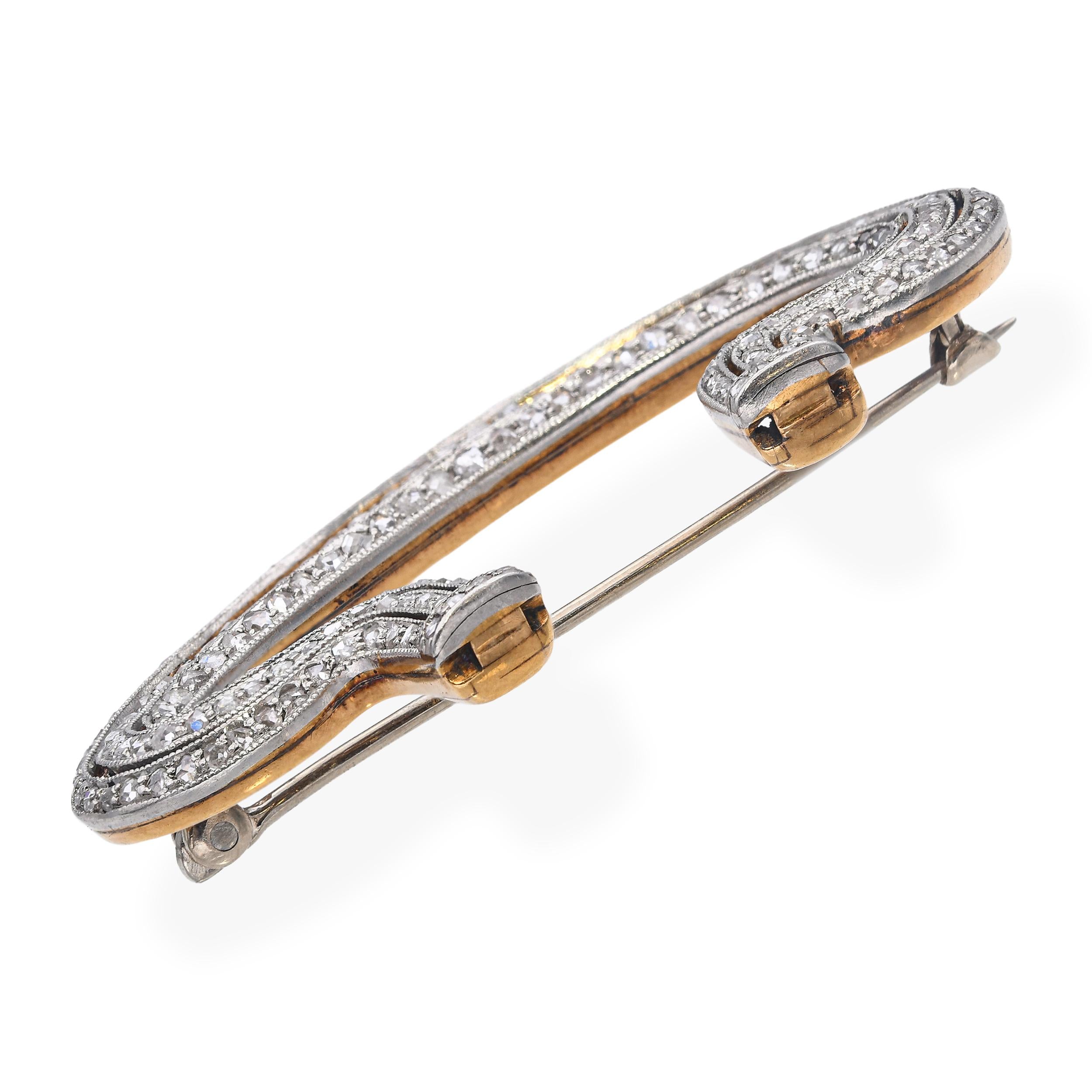 Antique Edwardian 17k Yellow Gold and Platinum Rose Cut Diamond Brooch