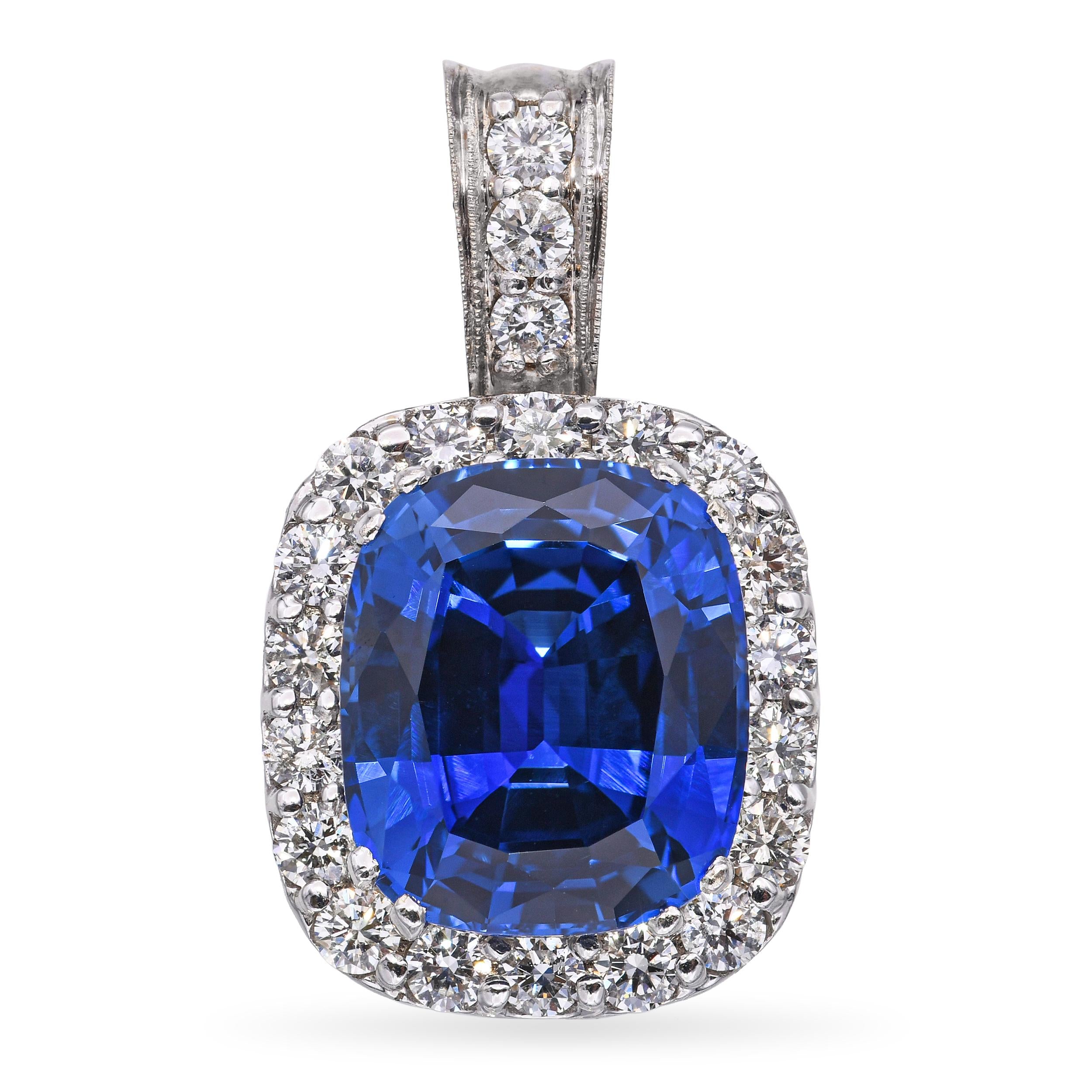 14k White Gold 12.0ct Synthetic Sapphire and 2.15tcw Diamond Halo Pendant