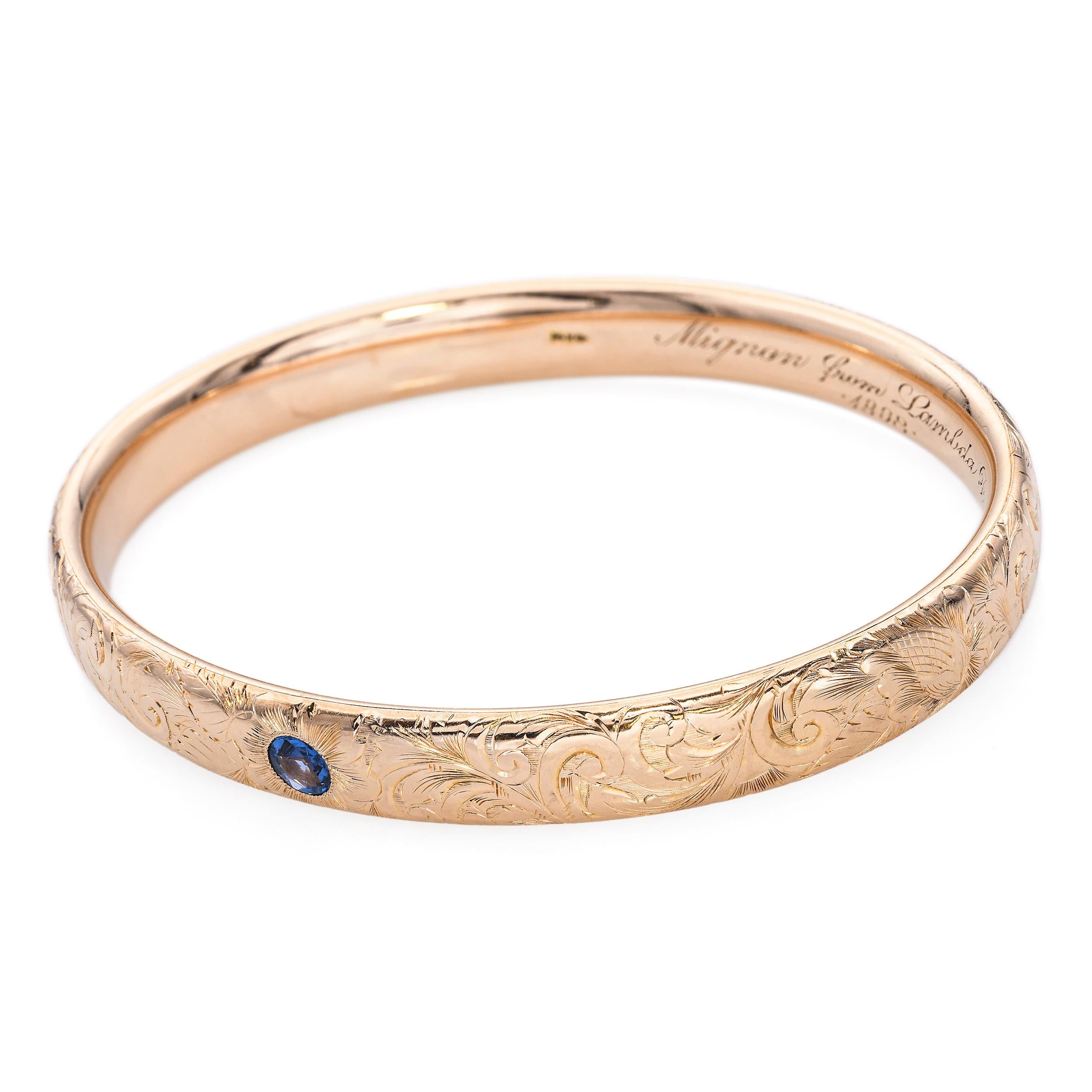 Antique Victorian Engraved 14k Yellow Gold Sapphire Bangle Bracelet