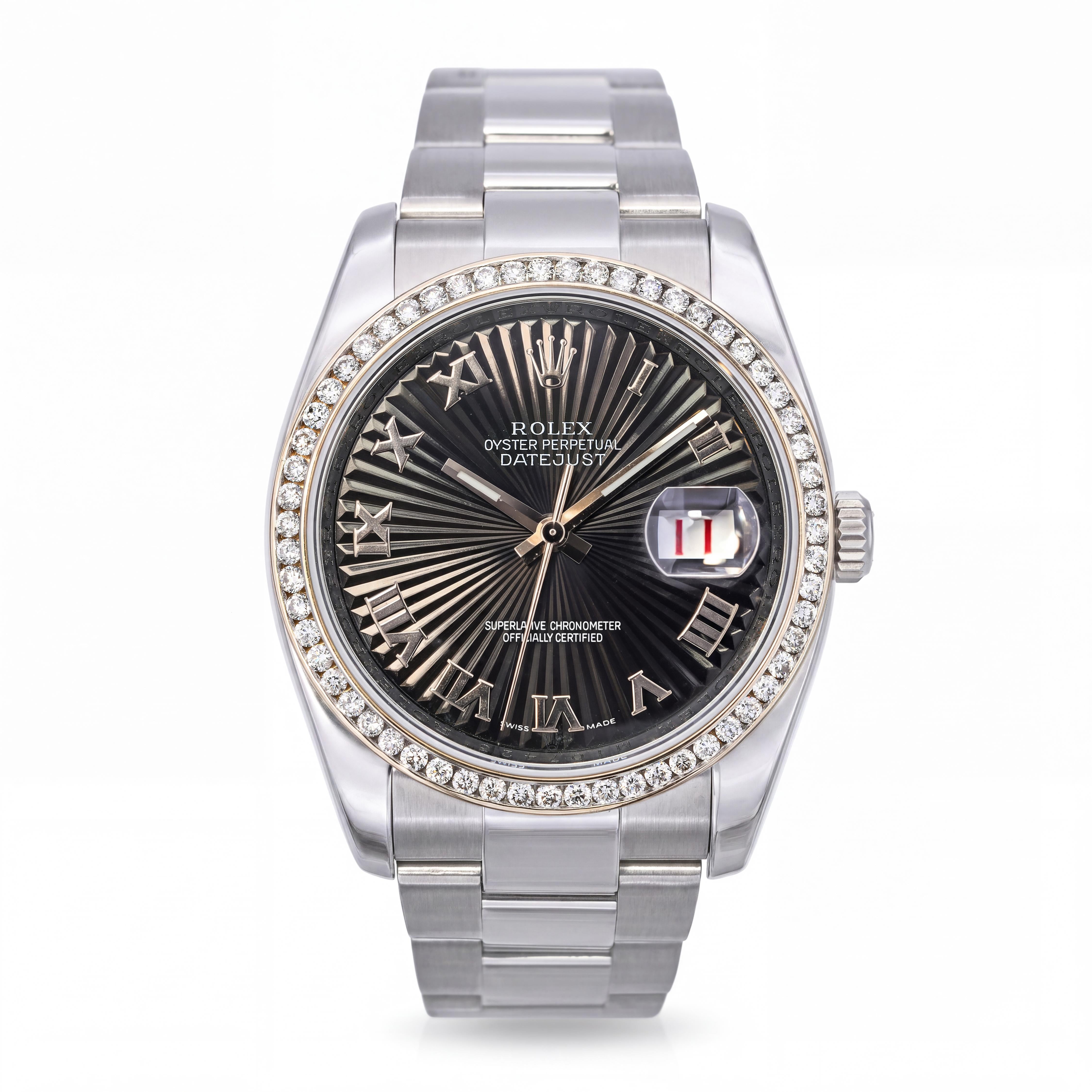 Rolex Datejust 36mm Black Textured Roman Dial and Diamond Bezel Watch Ref 116200