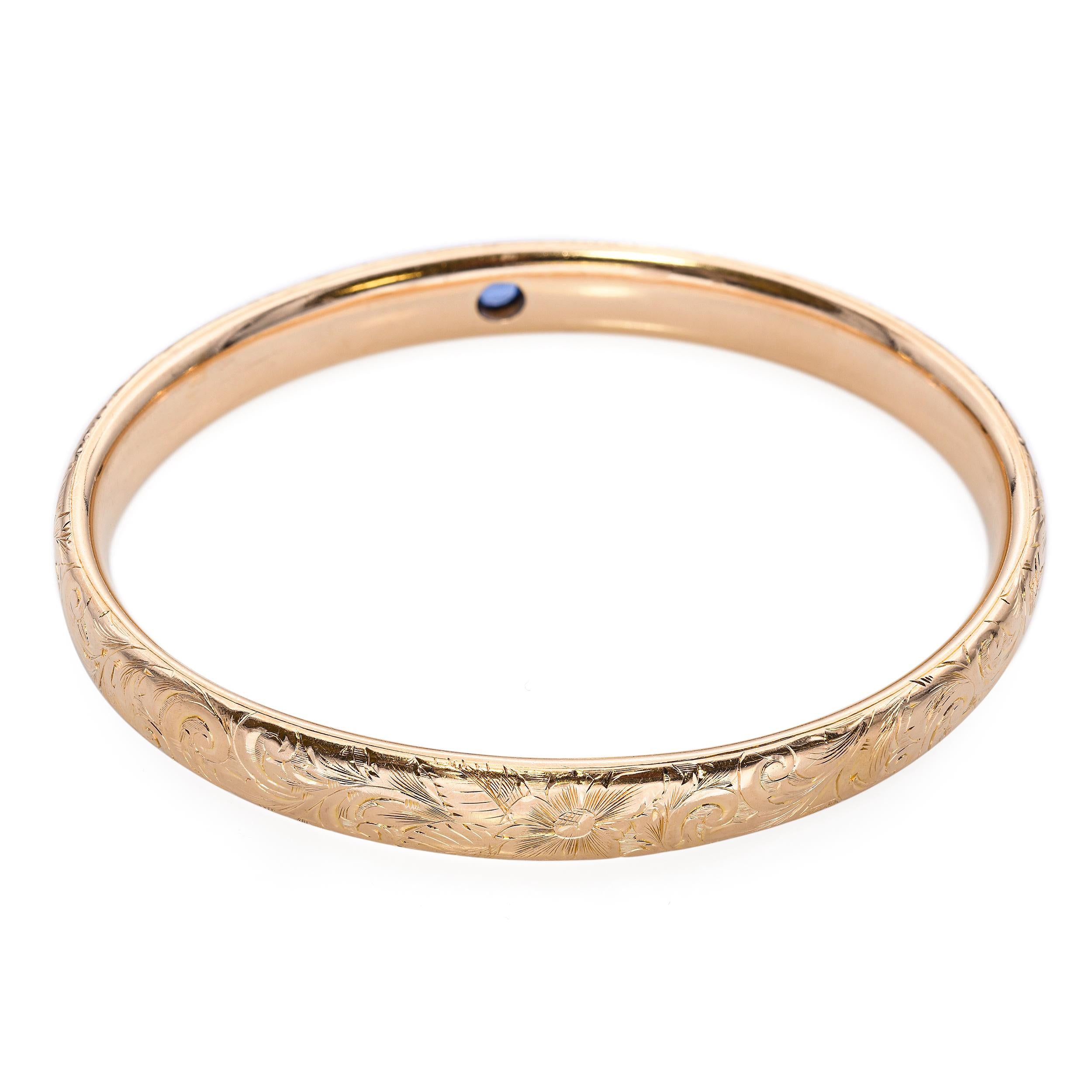 Antique Victorian Engraved 14k Yellow Gold Sapphire Bangle Bracelet