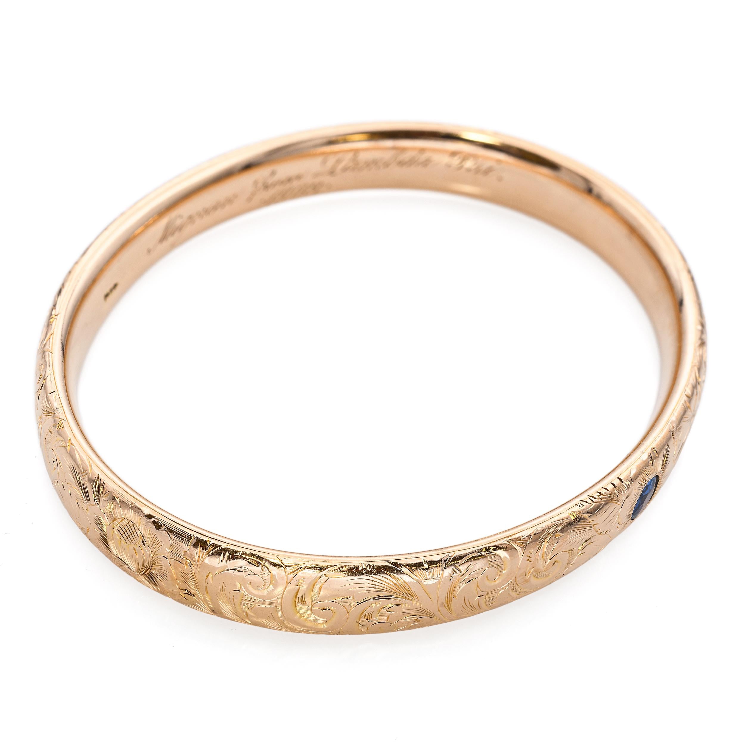 Antique Victorian Engraved 14k Yellow Gold Sapphire Bangle Bracelet