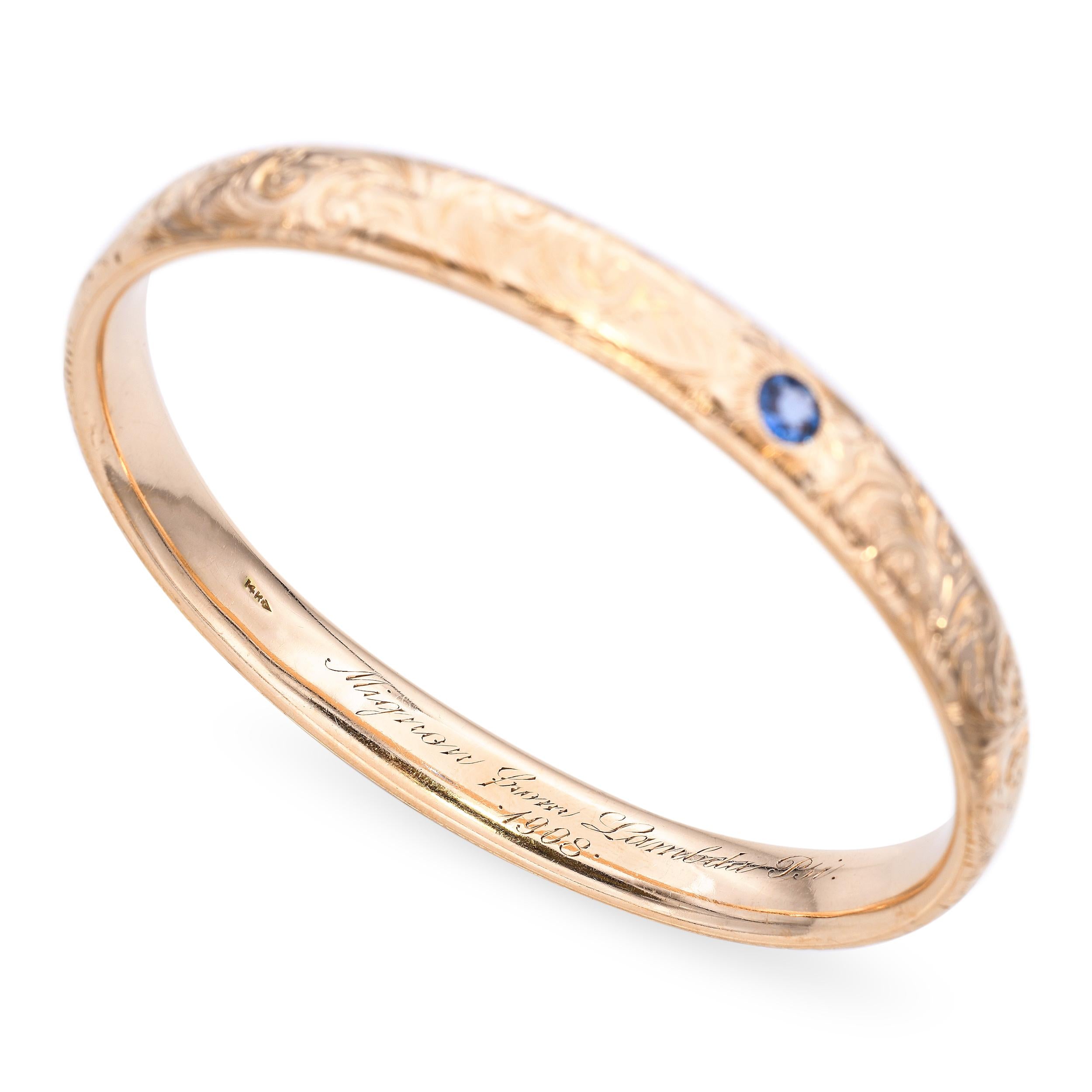 Antique Victorian Engraved 14k Yellow Gold Sapphire Bangle Bracelet