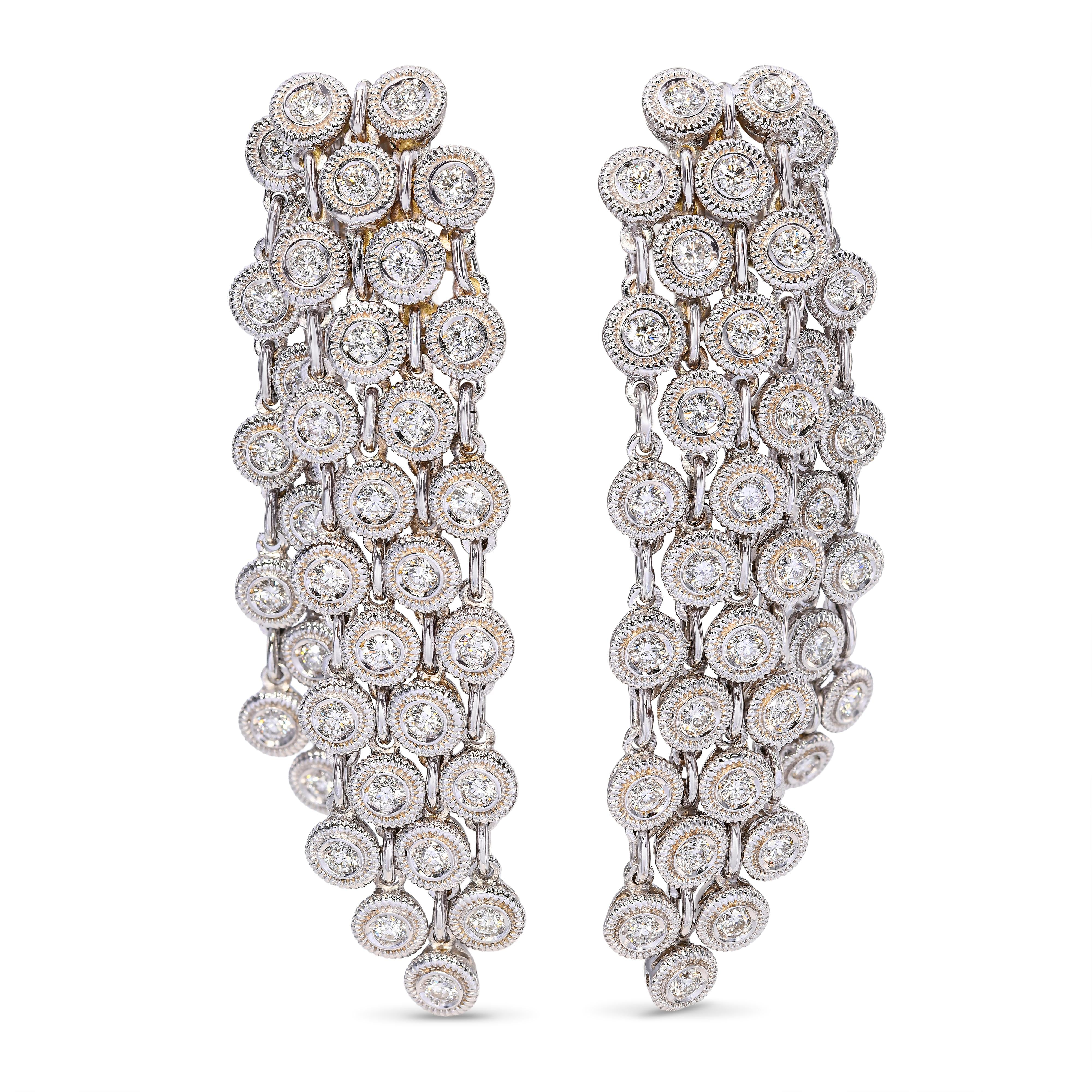 18k White Gold 2.10ctw Diamond Multistrand Cable Chain Clip on Drop Earrings