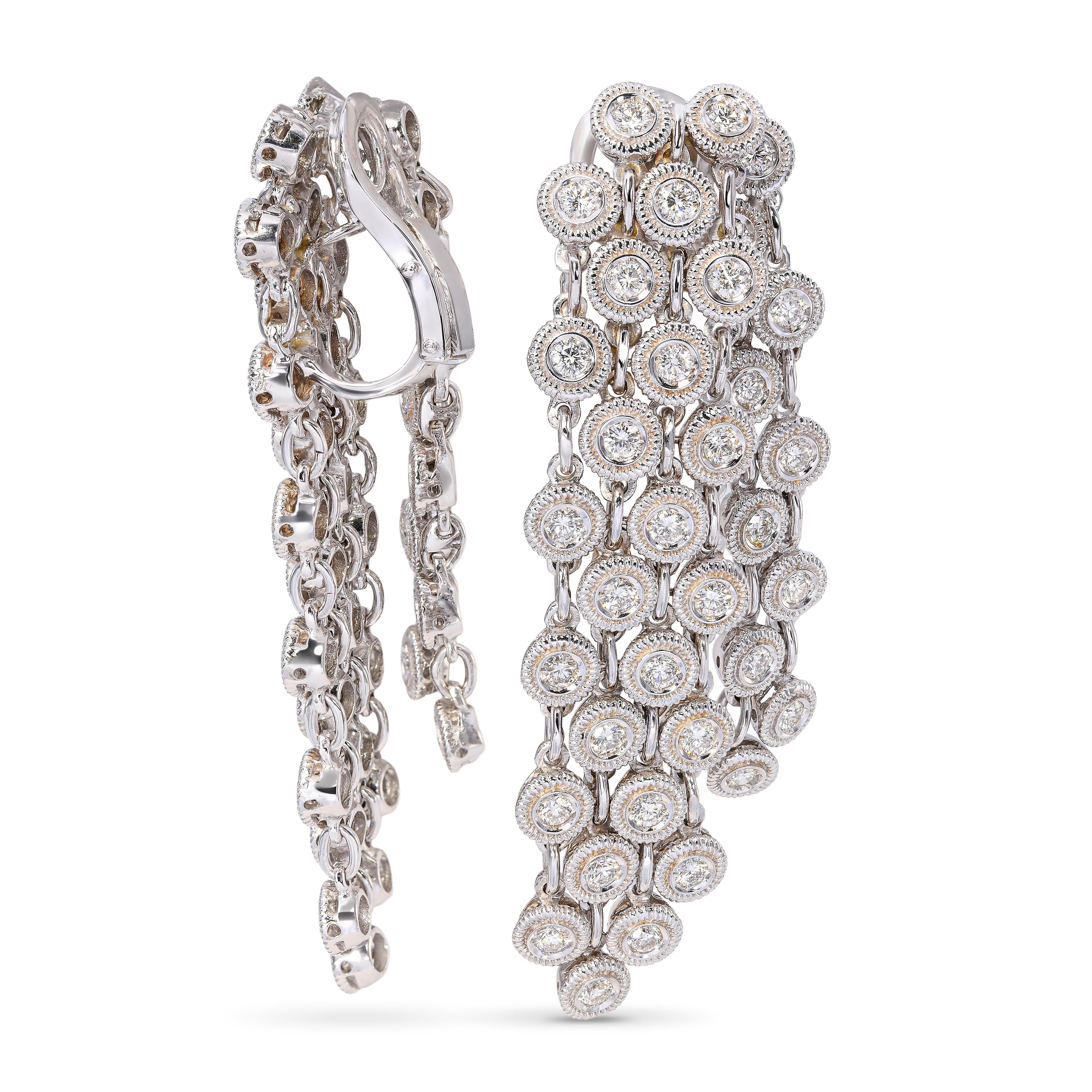 18k White Gold 2.10ctw Diamond Multistrand Cable Chain Clip on Drop Earrings