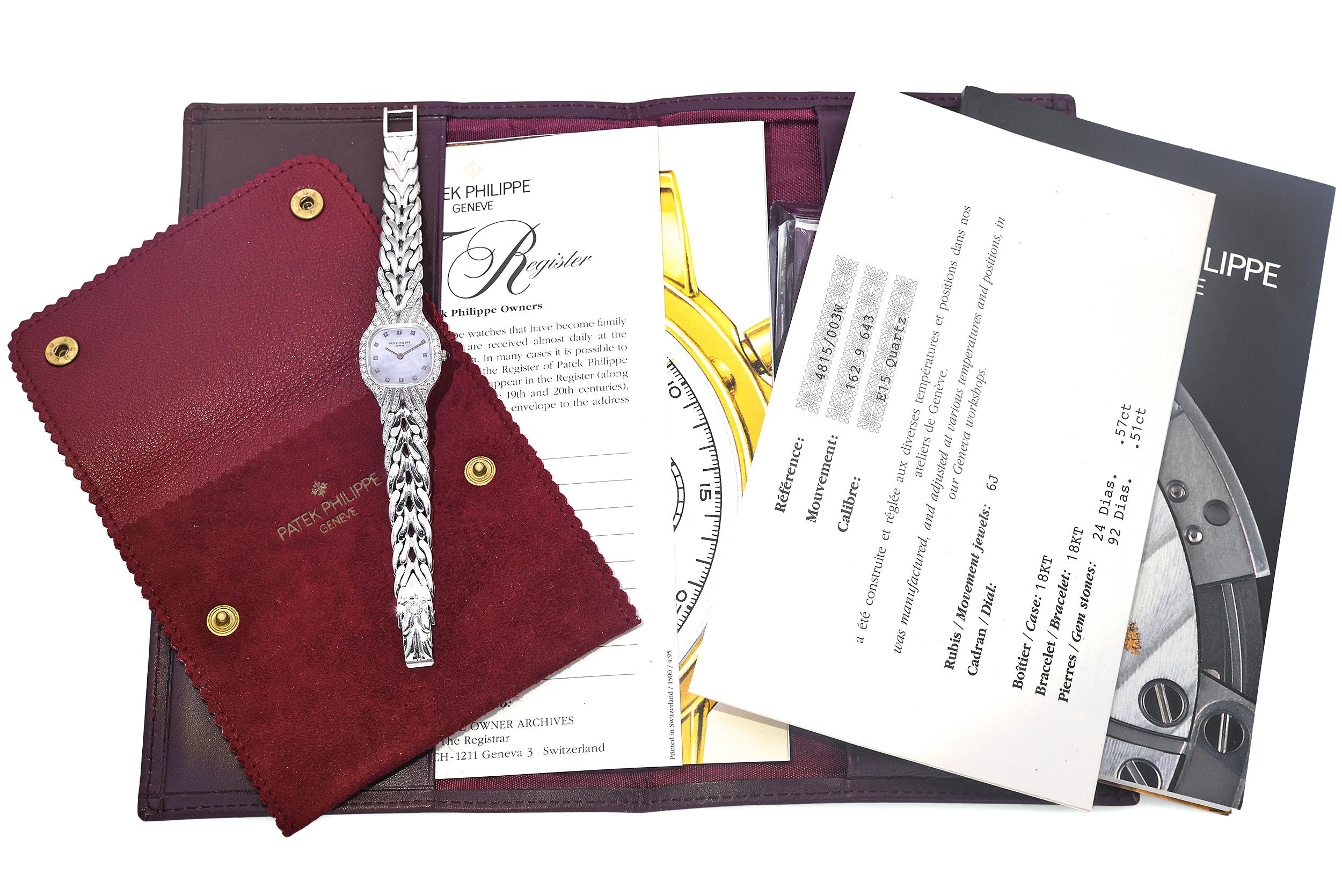 Patek Philippe La Flamme 18K White Gold Diamond MOP Quartz Women's Watch 4815