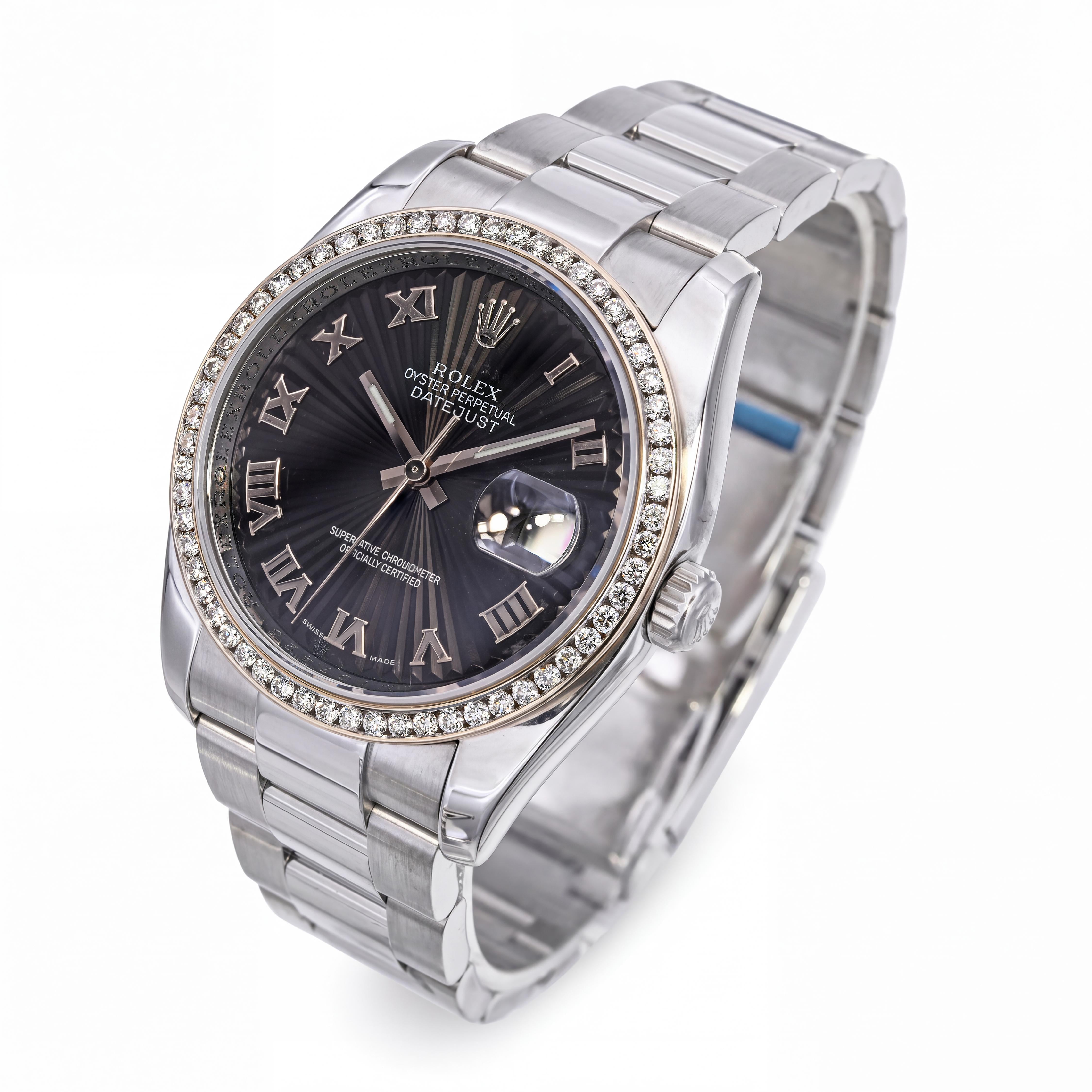 Rolex Datejust 36mm Black Textured Roman Dial and Diamond Bezel Watch Ref 116200