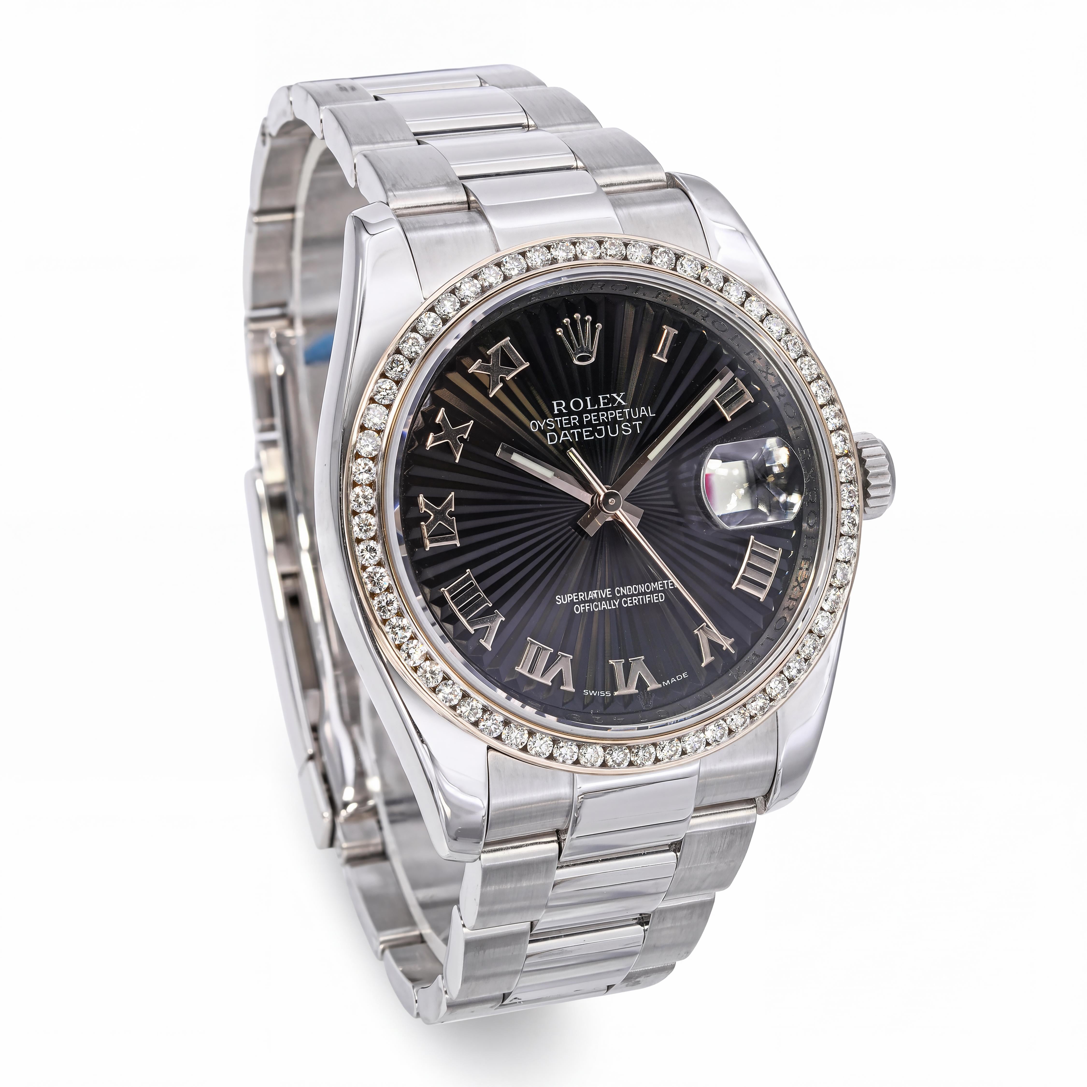 Rolex Datejust 36mm Black Textured Roman Dial and Diamond Bezel Watch Ref 116200