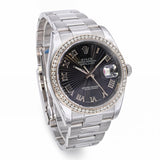 Rolex Datejust 36mm Black Textured Roman Dial and Diamond Bezel Watch Ref 116200