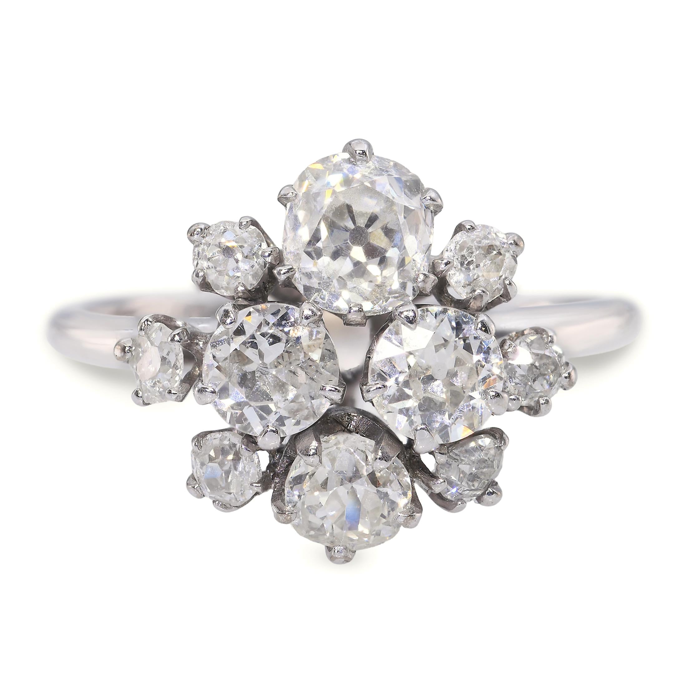 18K White Gold 1.40tcw Old Mine Cut Multi-Diamond Cluster Ring
