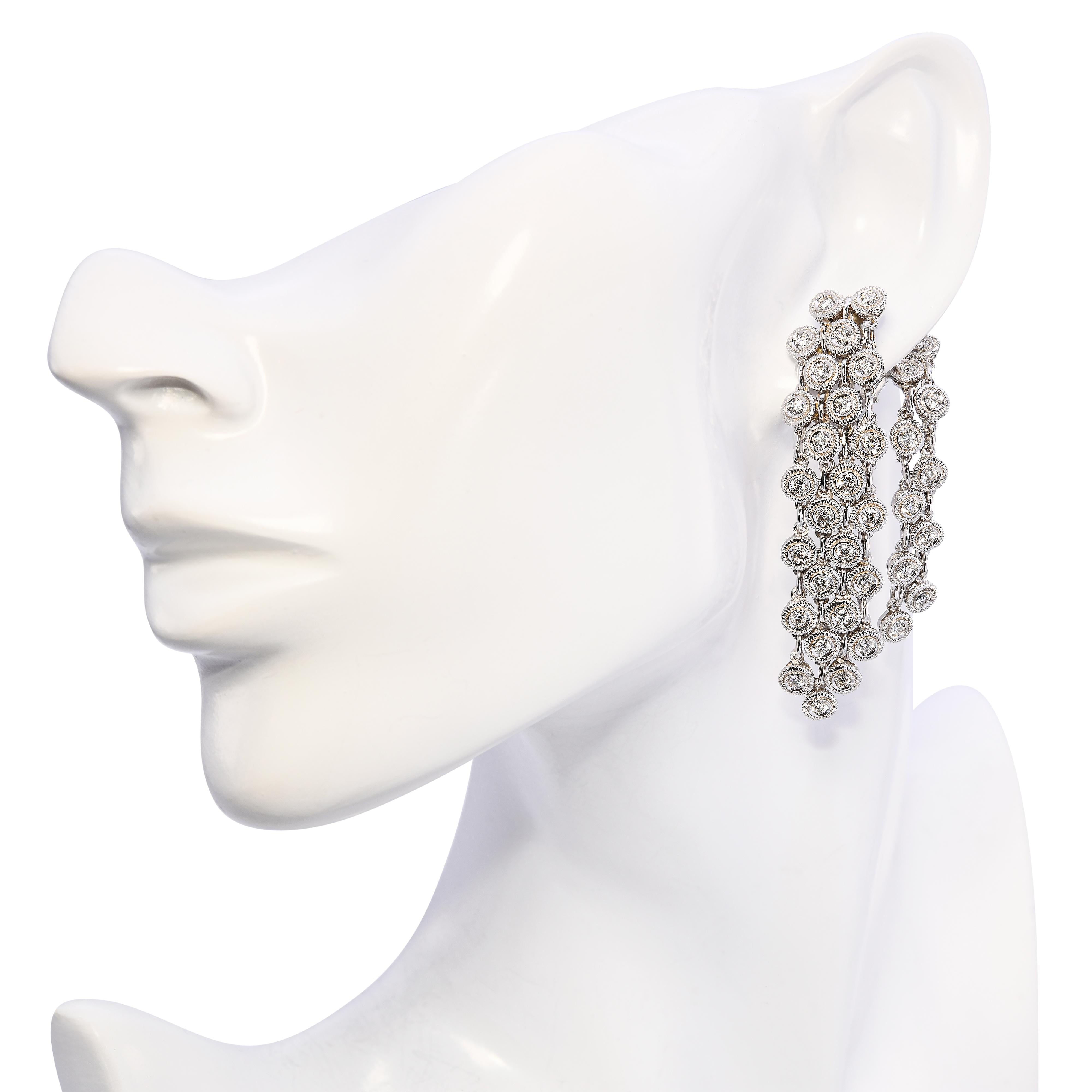 18k White Gold 2.10ctw Diamond Multistrand Cable Chain Clip on Drop Earrings