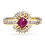Vintage 18k Yellow Gold Ruby and Diamond Halo Ring