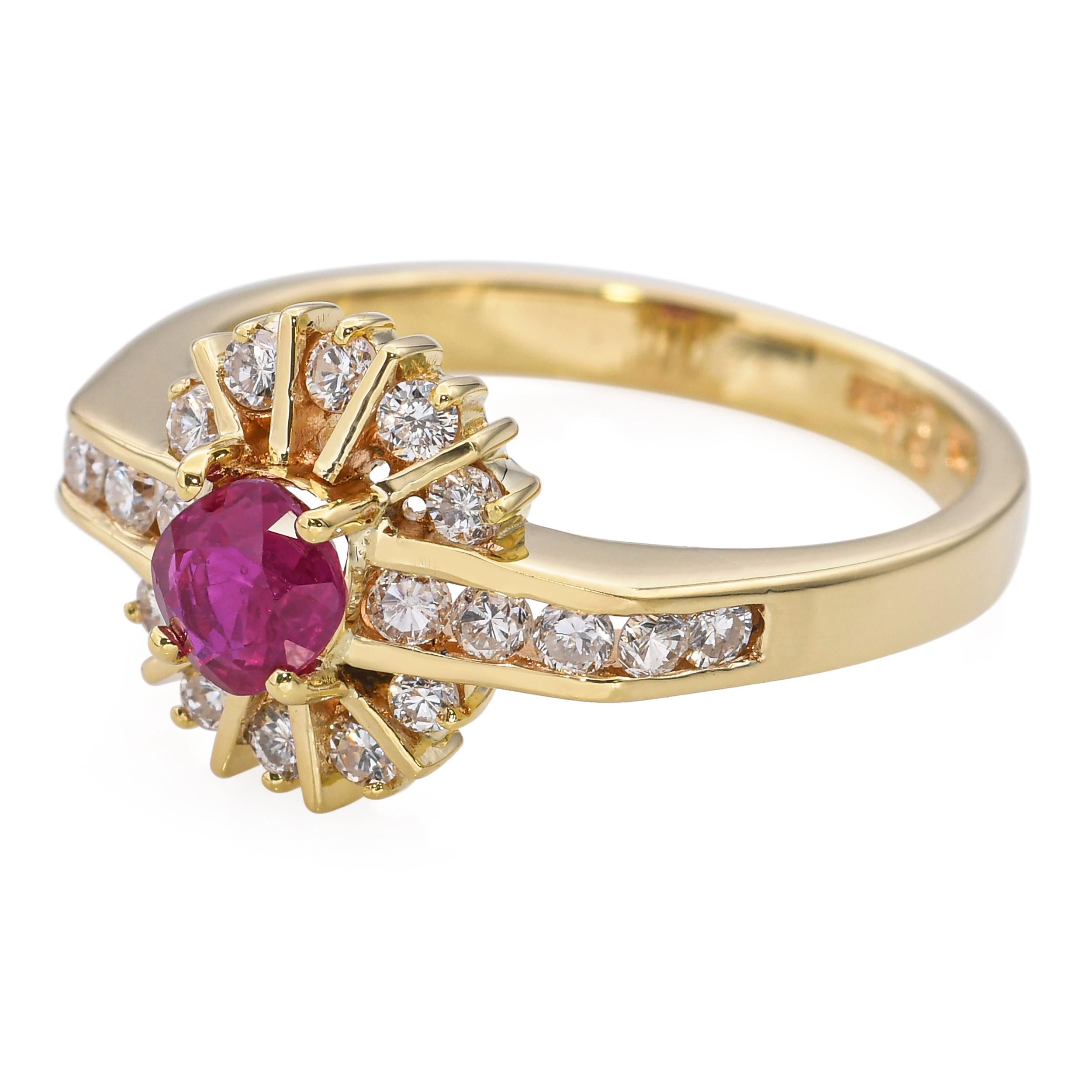 Vintage 18k Yellow Gold Ruby and Diamond Halo Ring