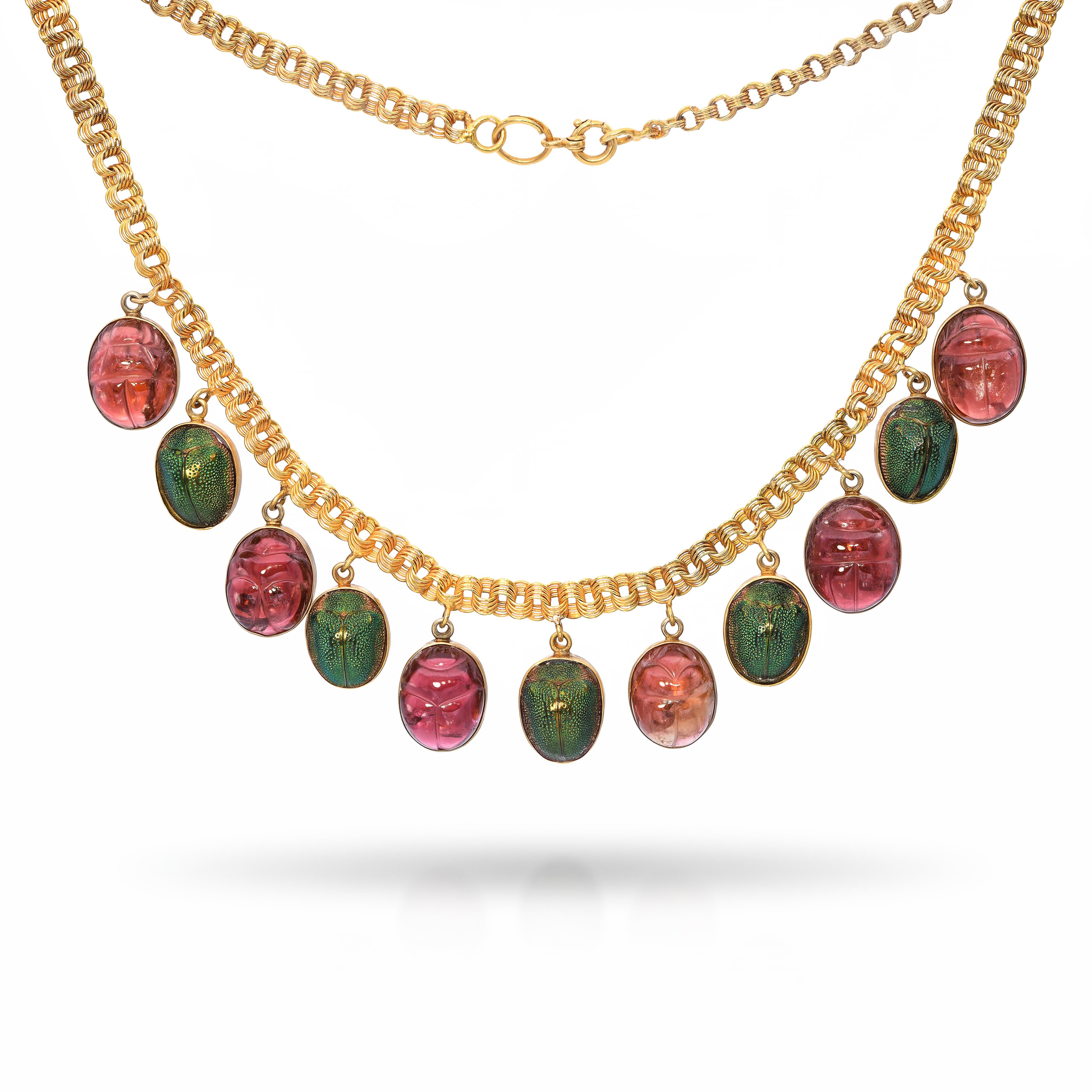 Antique 18k Gold Egyptian Revival Iridescent Beetle & Tourmaline Scarab Necklace