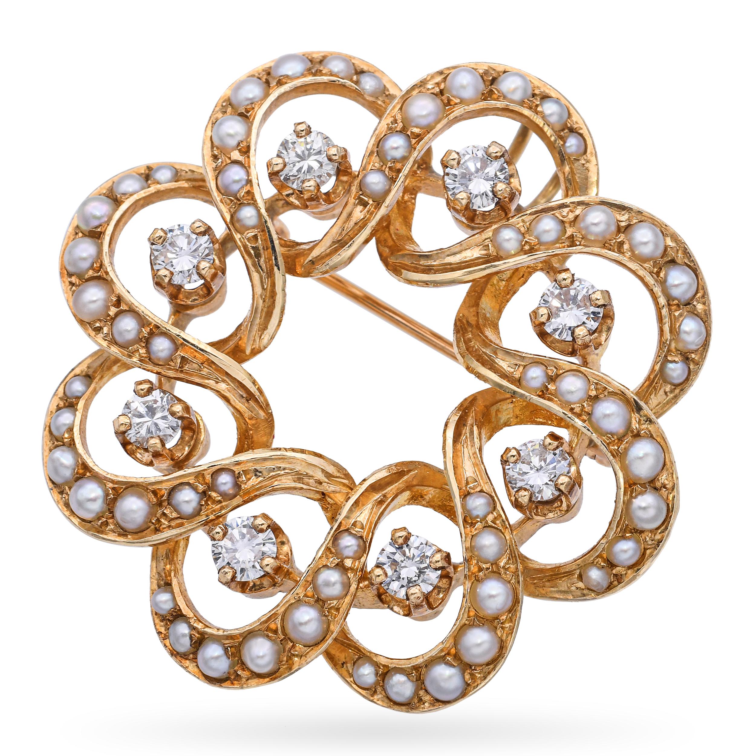 Vintage 14k Yellow Gold Diamond and Seed Pearl Concentric Loop Circle Brooch