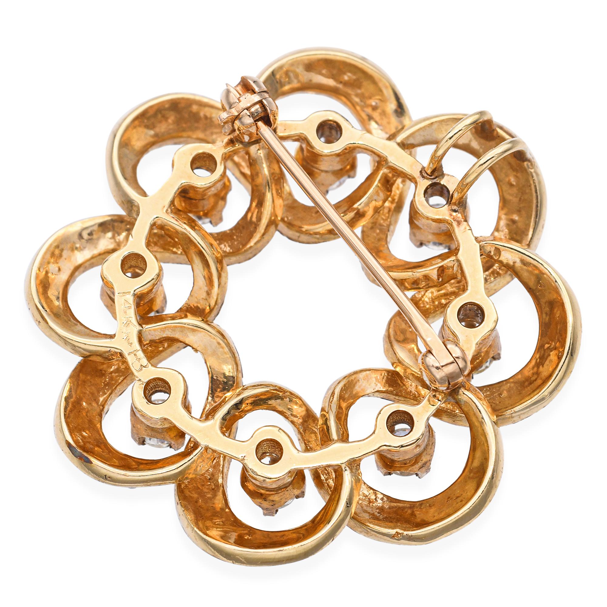 Vintage 14k Yellow Gold Diamond and Seed Pearl Concentric Loop Circle Brooch