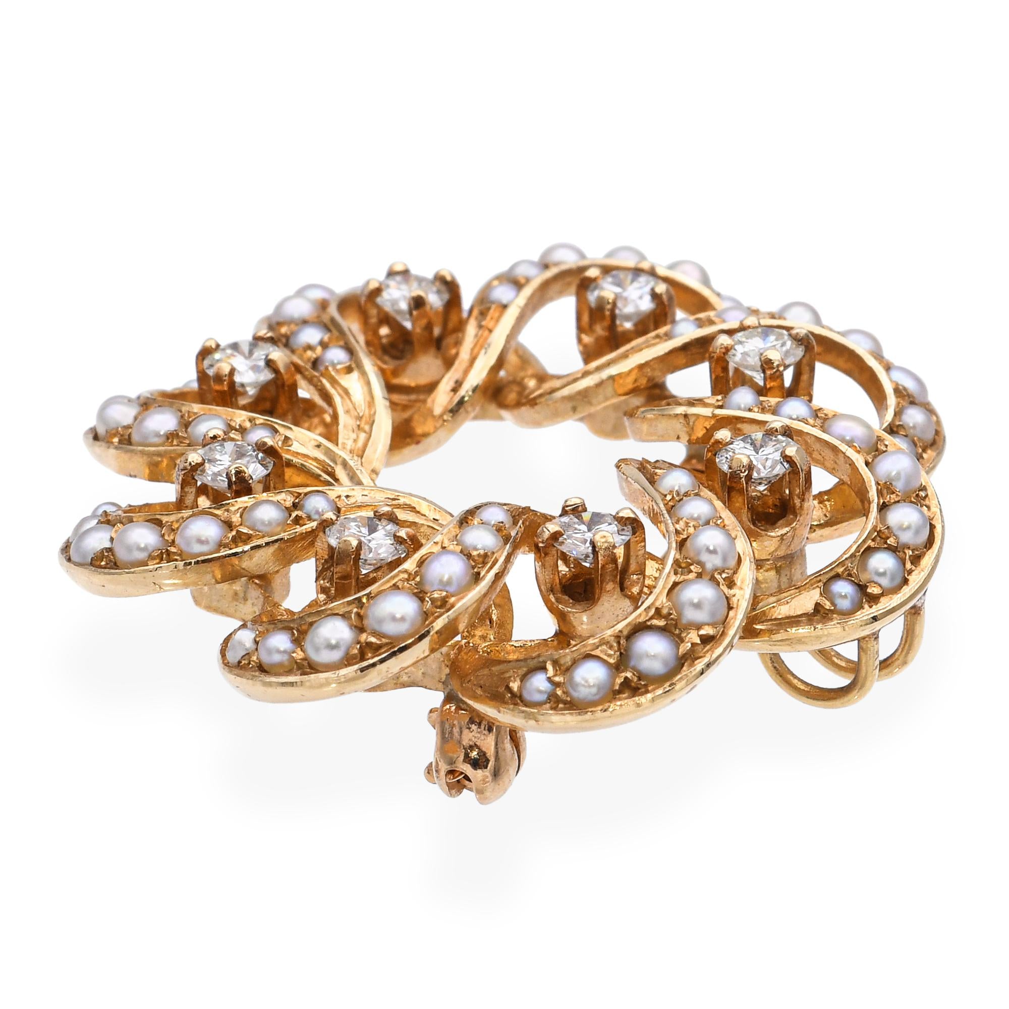 Vintage 14k Yellow Gold Diamond and Seed Pearl Concentric Loop Circle Brooch