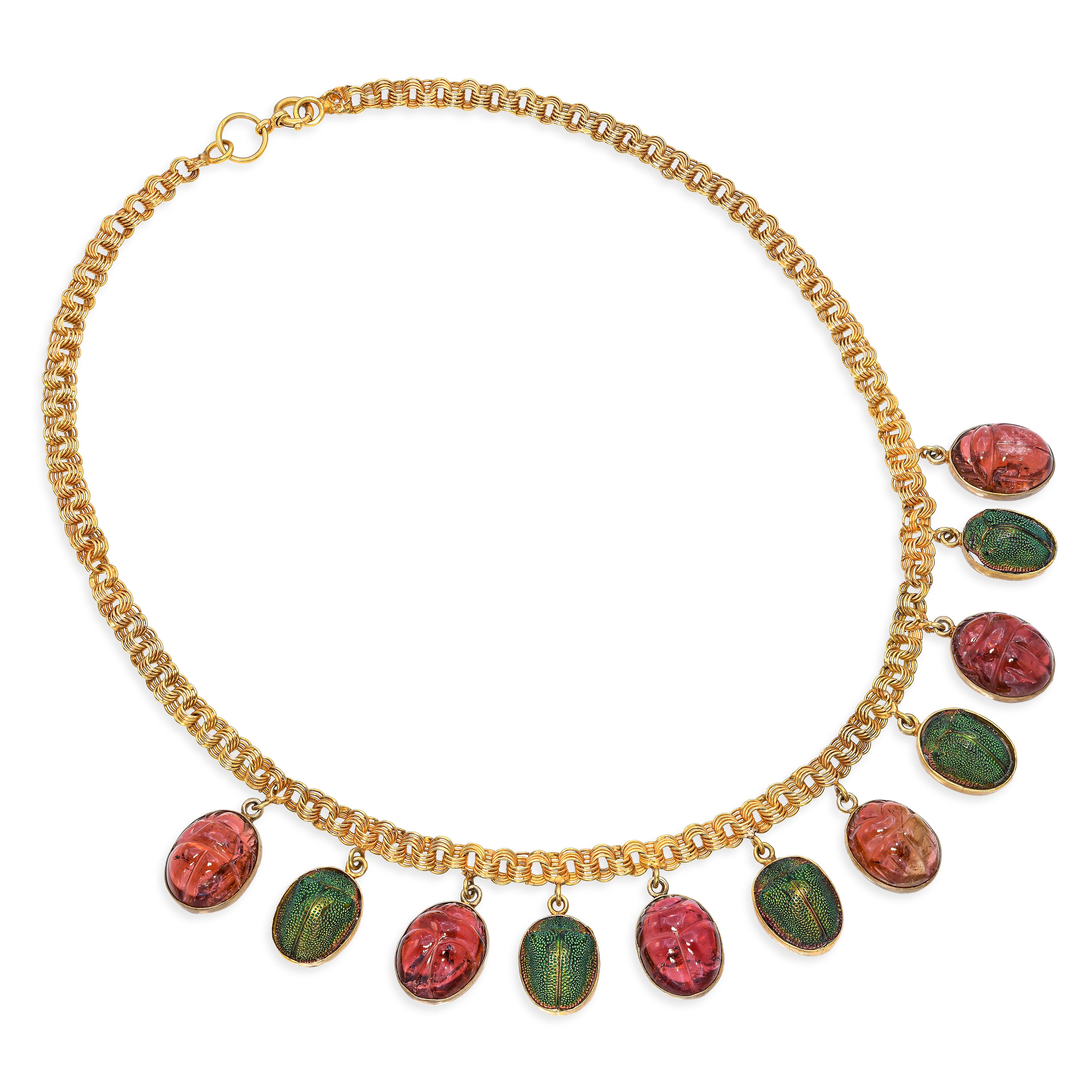 Antique 18k Gold Egyptian Revival Iridescent Beetle & Tourmaline Scarab Necklace