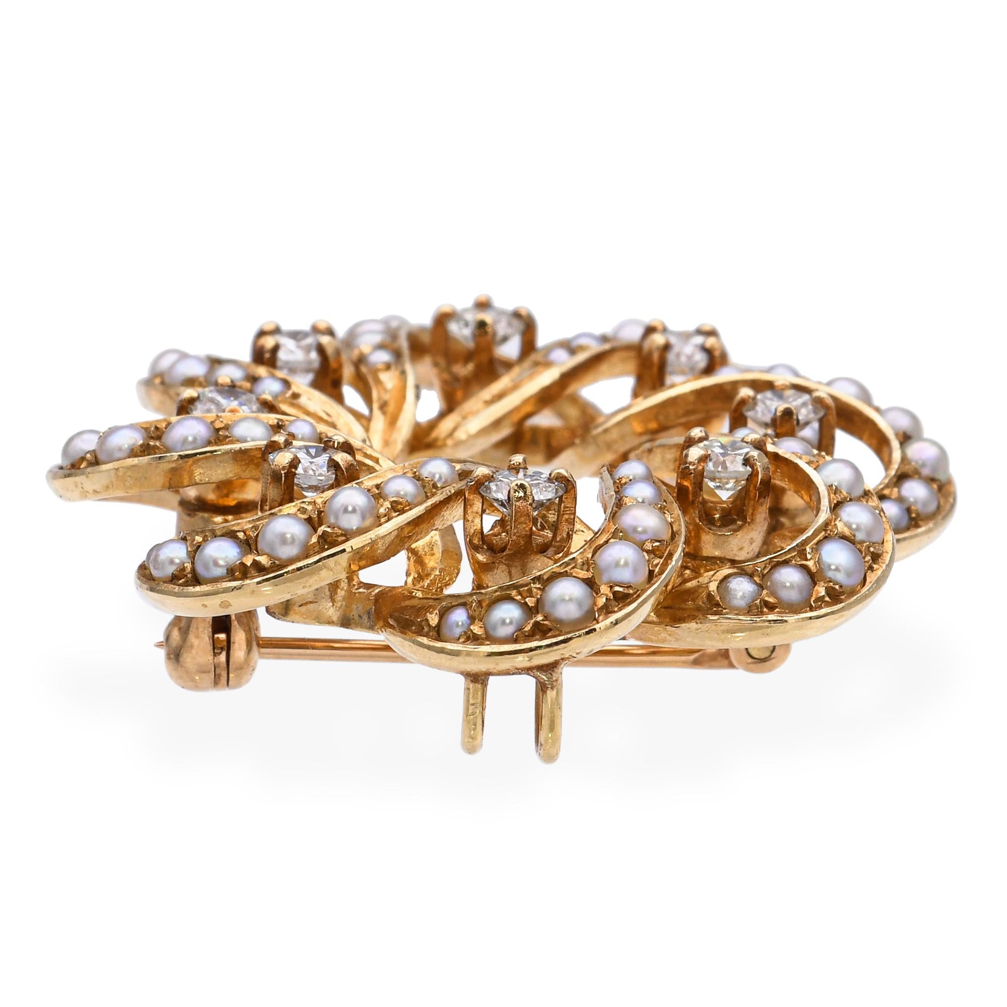 Vintage 14k Yellow Gold Diamond and Seed Pearl Concentric Loop Circle Brooch