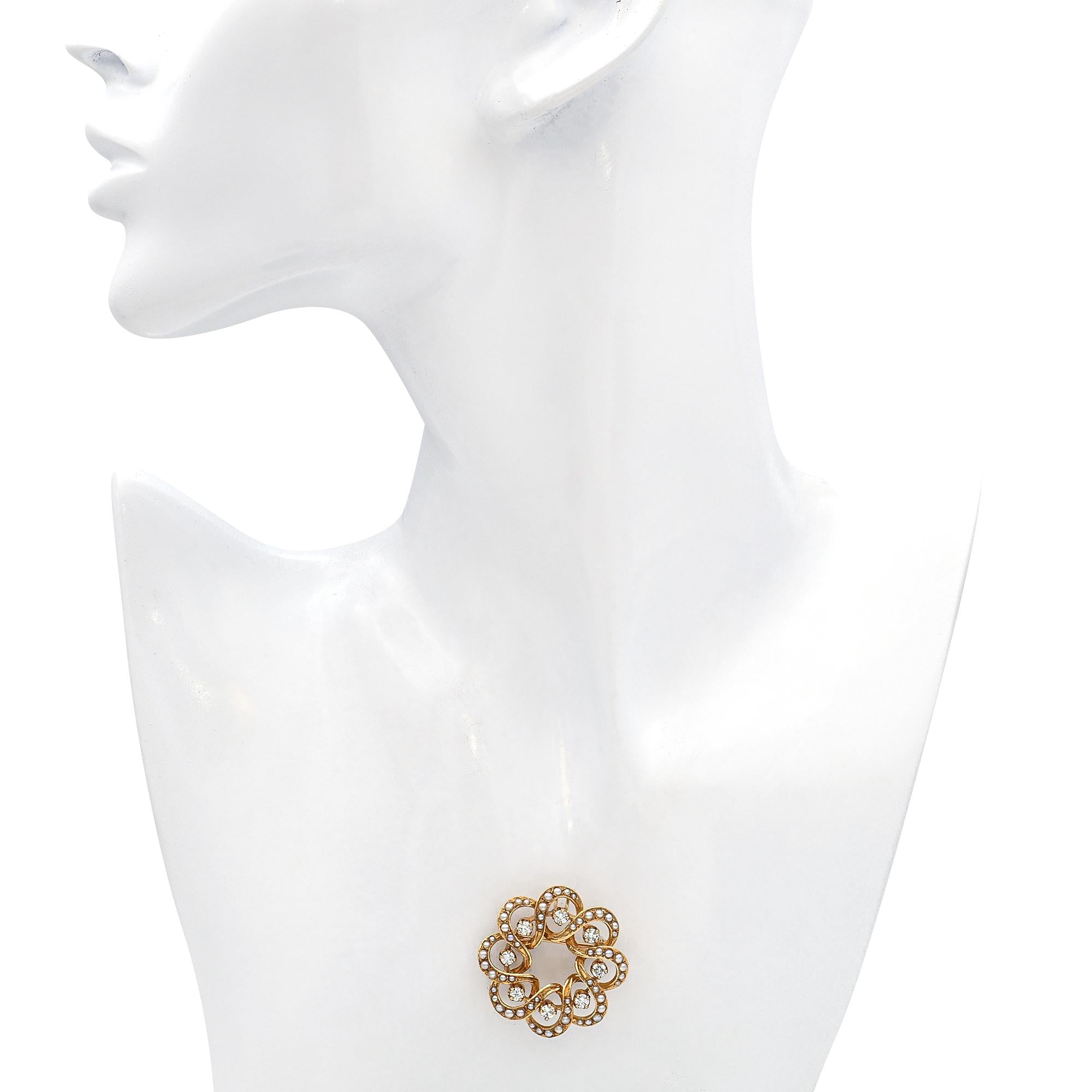 Vintage 14k Yellow Gold Diamond and Seed Pearl Concentric Loop Circle Brooch