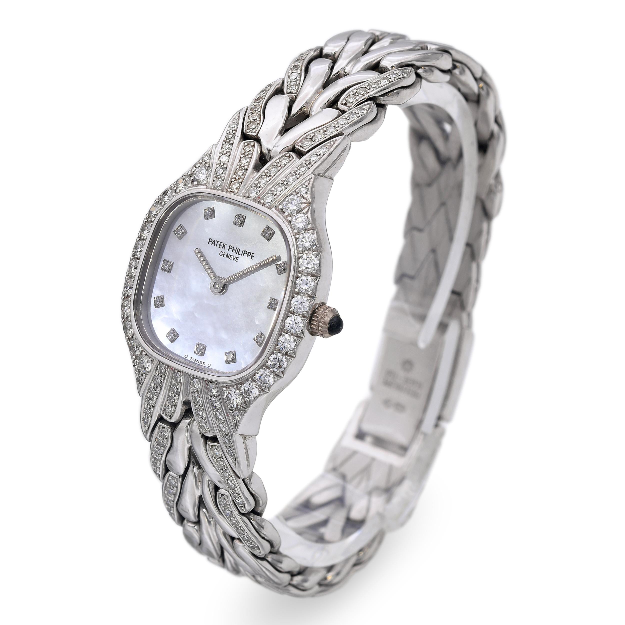 Patek Philippe La Flamme 18K White Gold Diamond MOP Quartz Women's Watch 4815