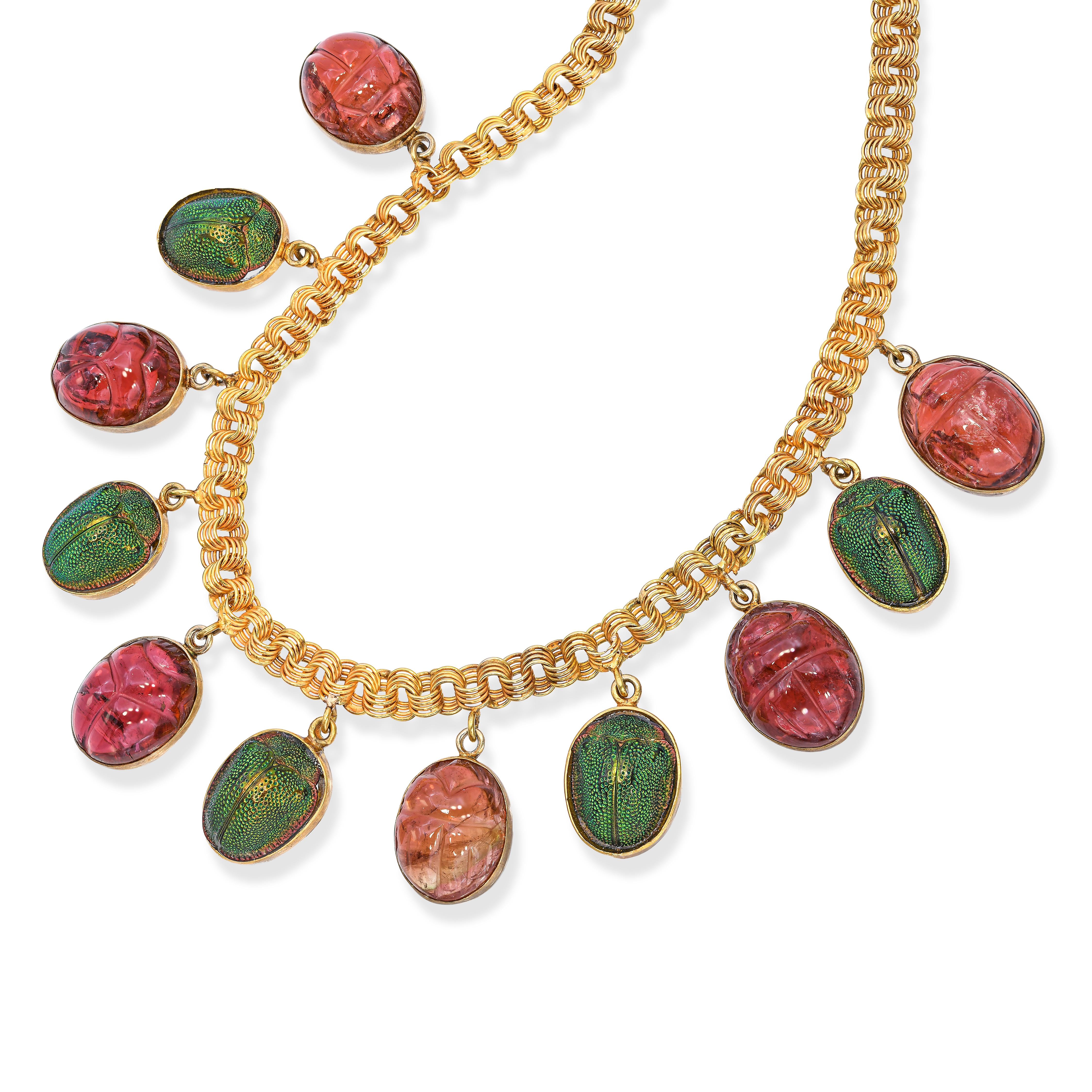 Antique 18k Gold Egyptian Revival Iridescent Beetle & Tourmaline Scarab Necklace