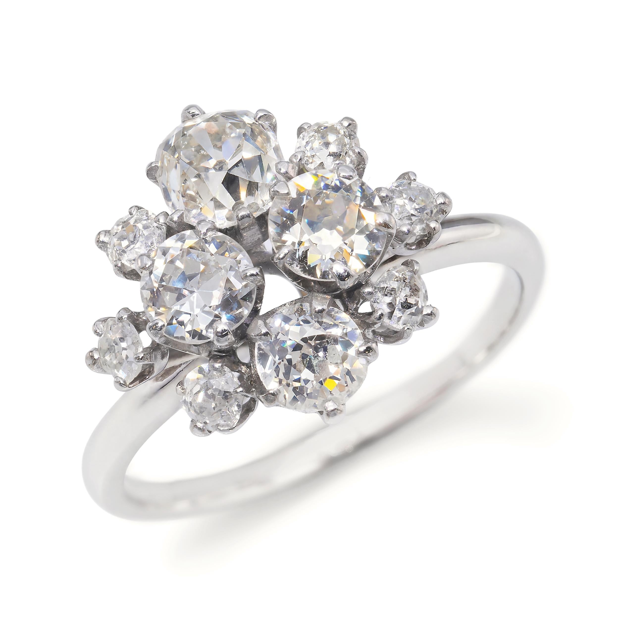 18K White Gold 1.40tcw Old Mine Cut Multi-Diamond Cluster Ring