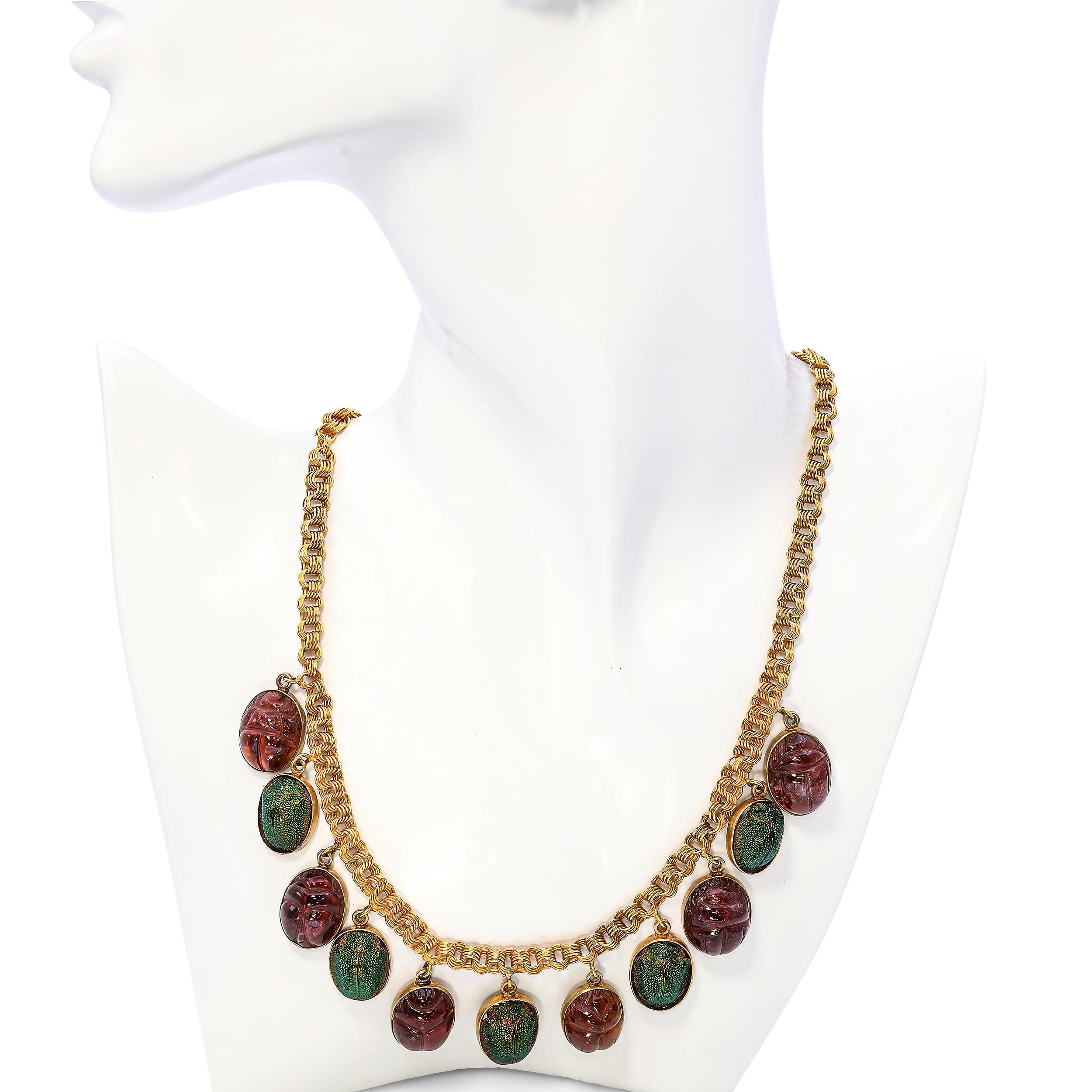 Antique 18k Gold Egyptian Revival Iridescent Beetle & Tourmaline Scarab Necklace