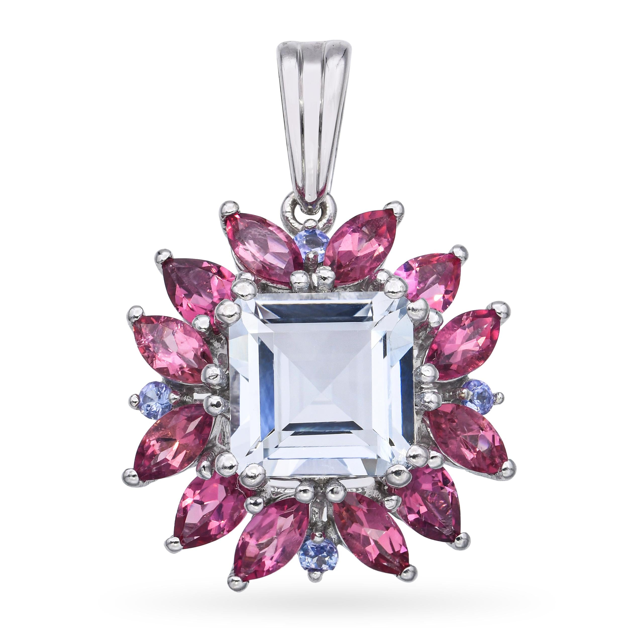 10k White Gold Aquamarine Tourmaline and Tanzanite Pendant