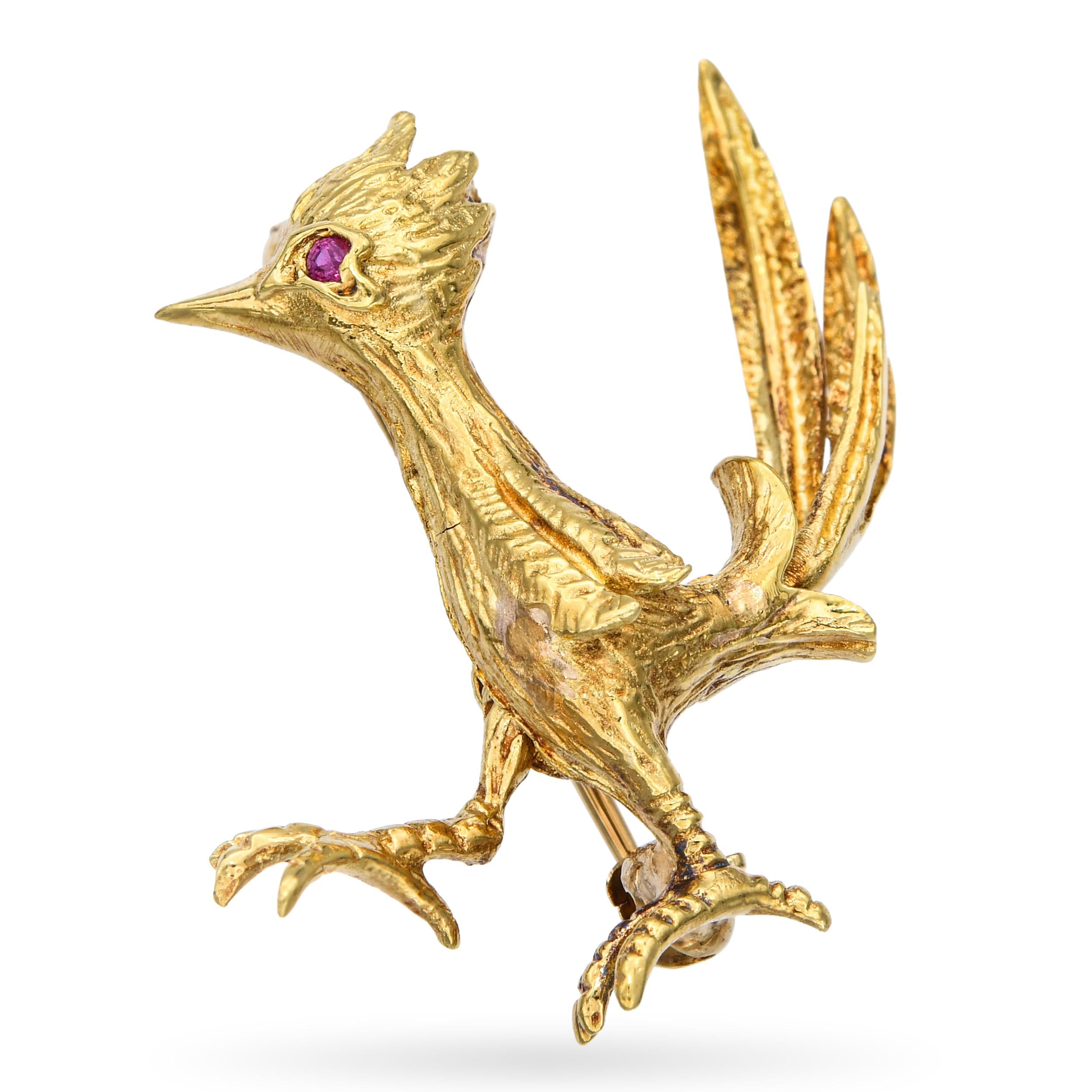 Vintage 18k Yellow Gold Ruby Struttin' Roadrunner Brooch