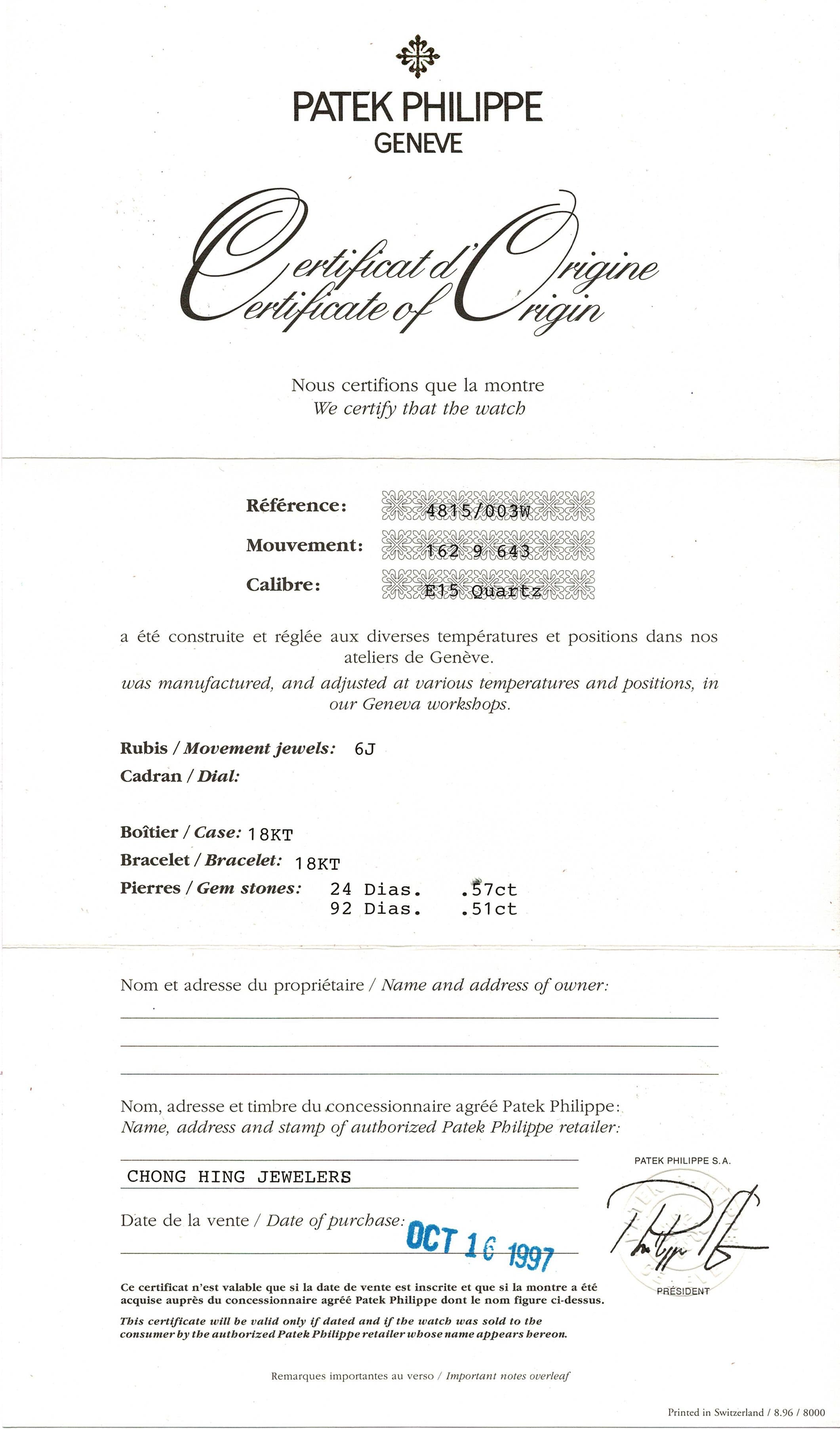 Patek Philippe La Flamme 18K White Gold Diamond MOP Quartz Women's Watch 4815