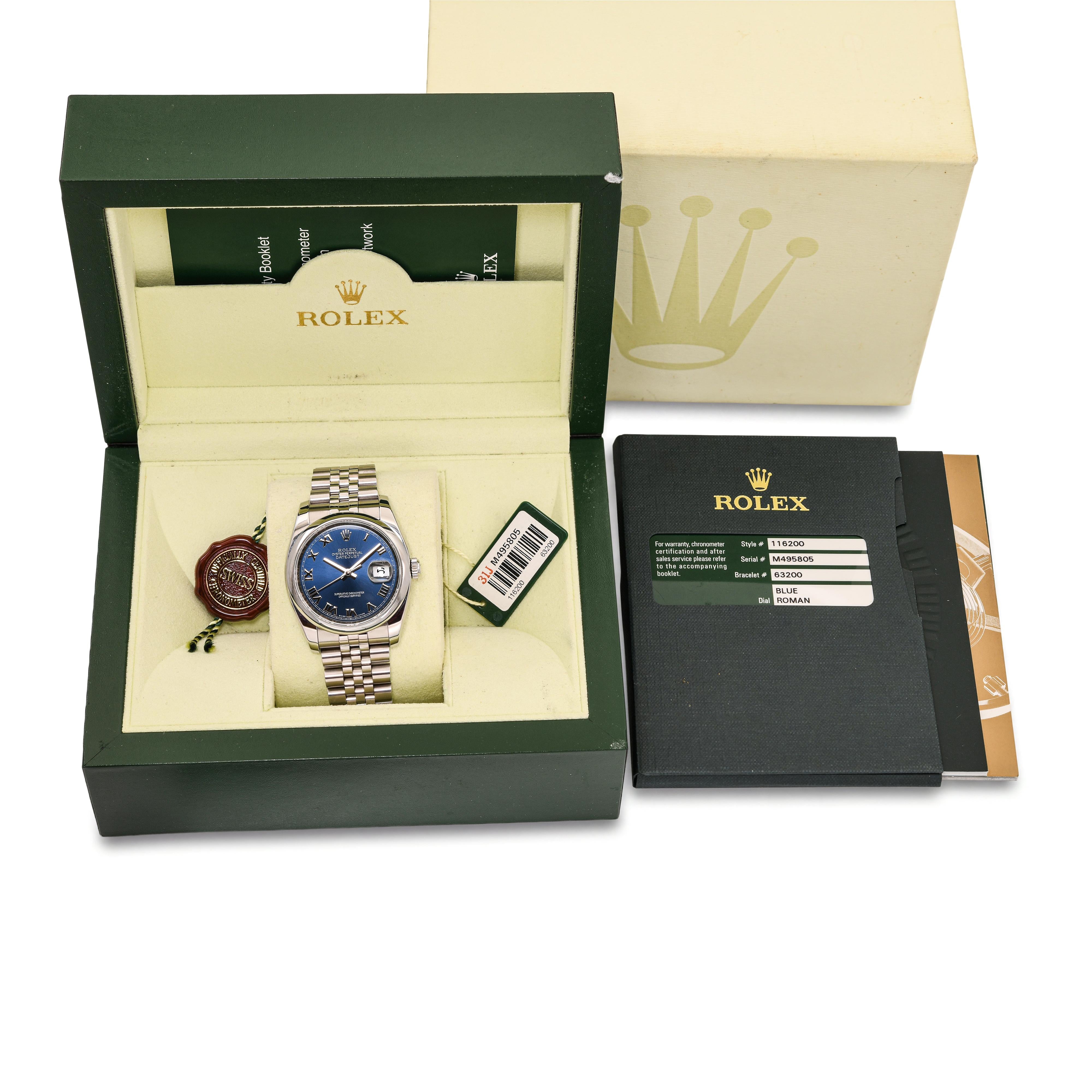 Rolex Datejust 36mm Blue Roman Dial Men's Watch Ref. 116200