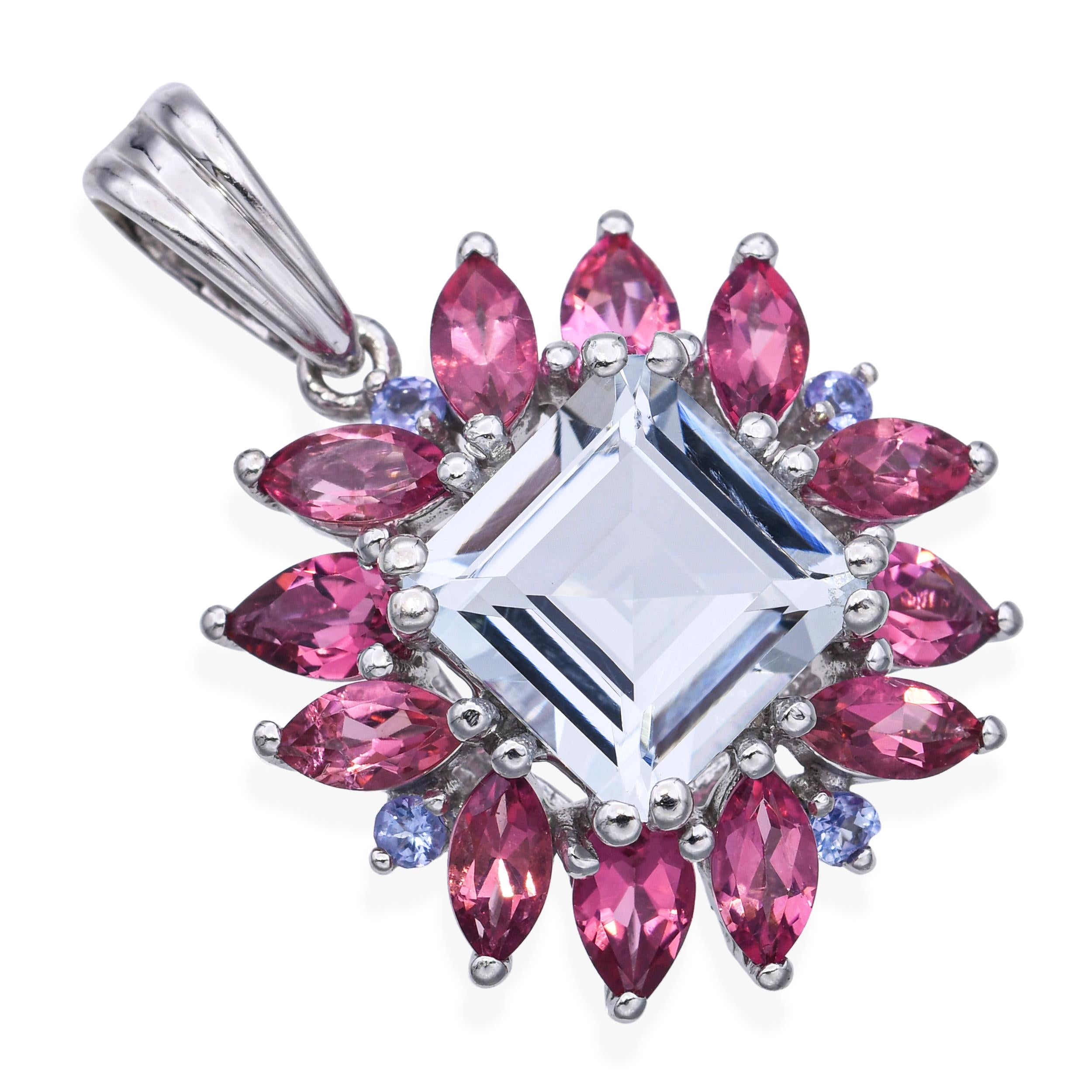 10k White Gold Aquamarine Tourmaline and Tanzanite Pendant
