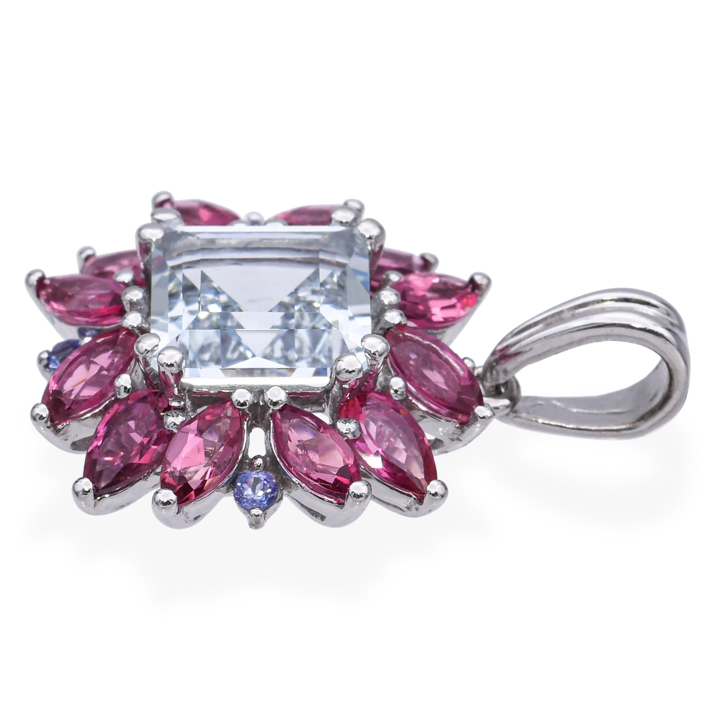 10k White Gold Aquamarine Tourmaline and Tanzanite Pendant