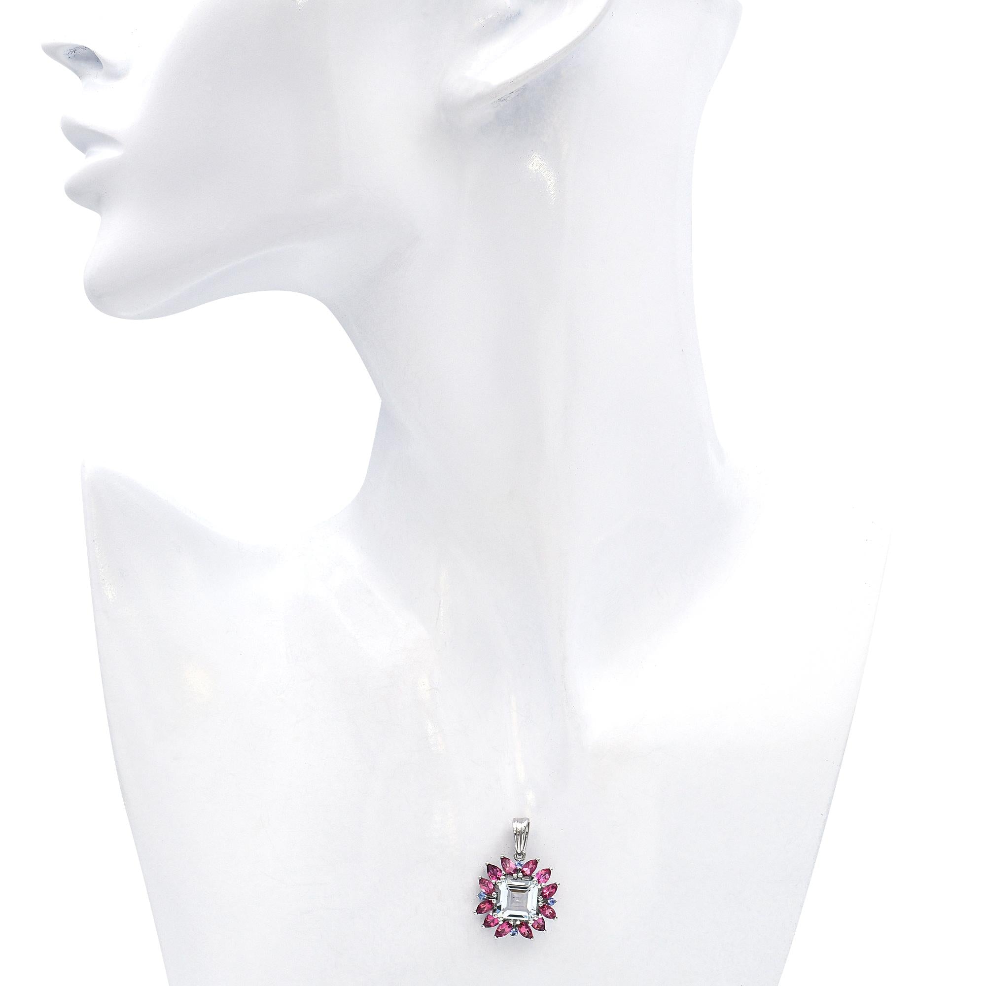 10k White Gold Aquamarine Tourmaline and Tanzanite Pendant
