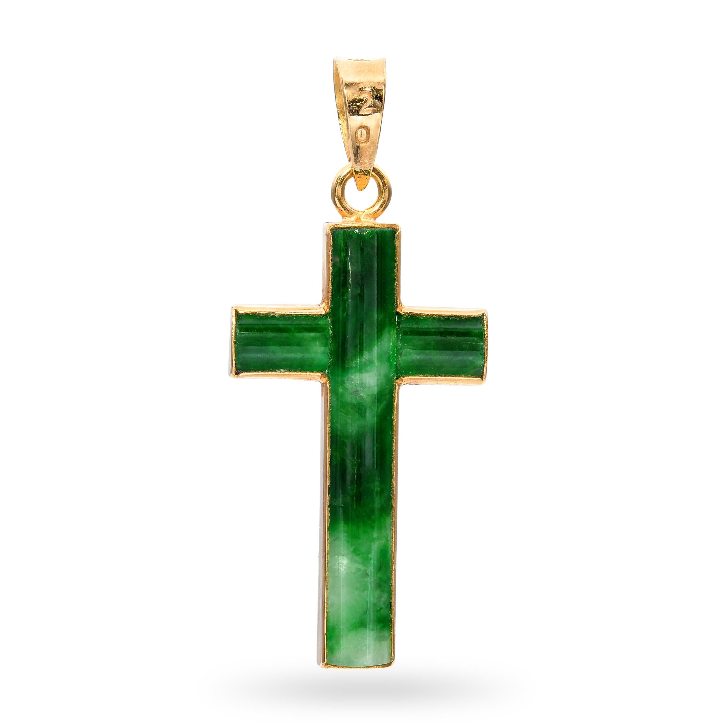 Vintage Yellow Gold Green Jadeite Cross Pendant